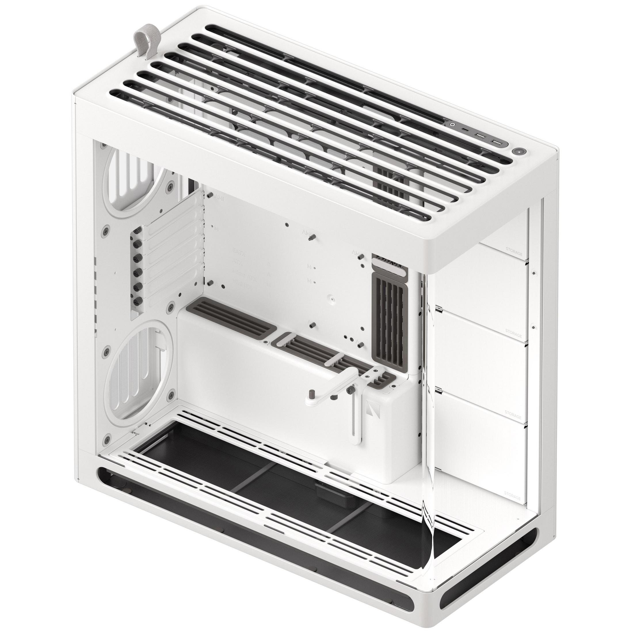 Ein weißes Computergehäuse mit Lüftungsschlitzen und Speicherschächten.