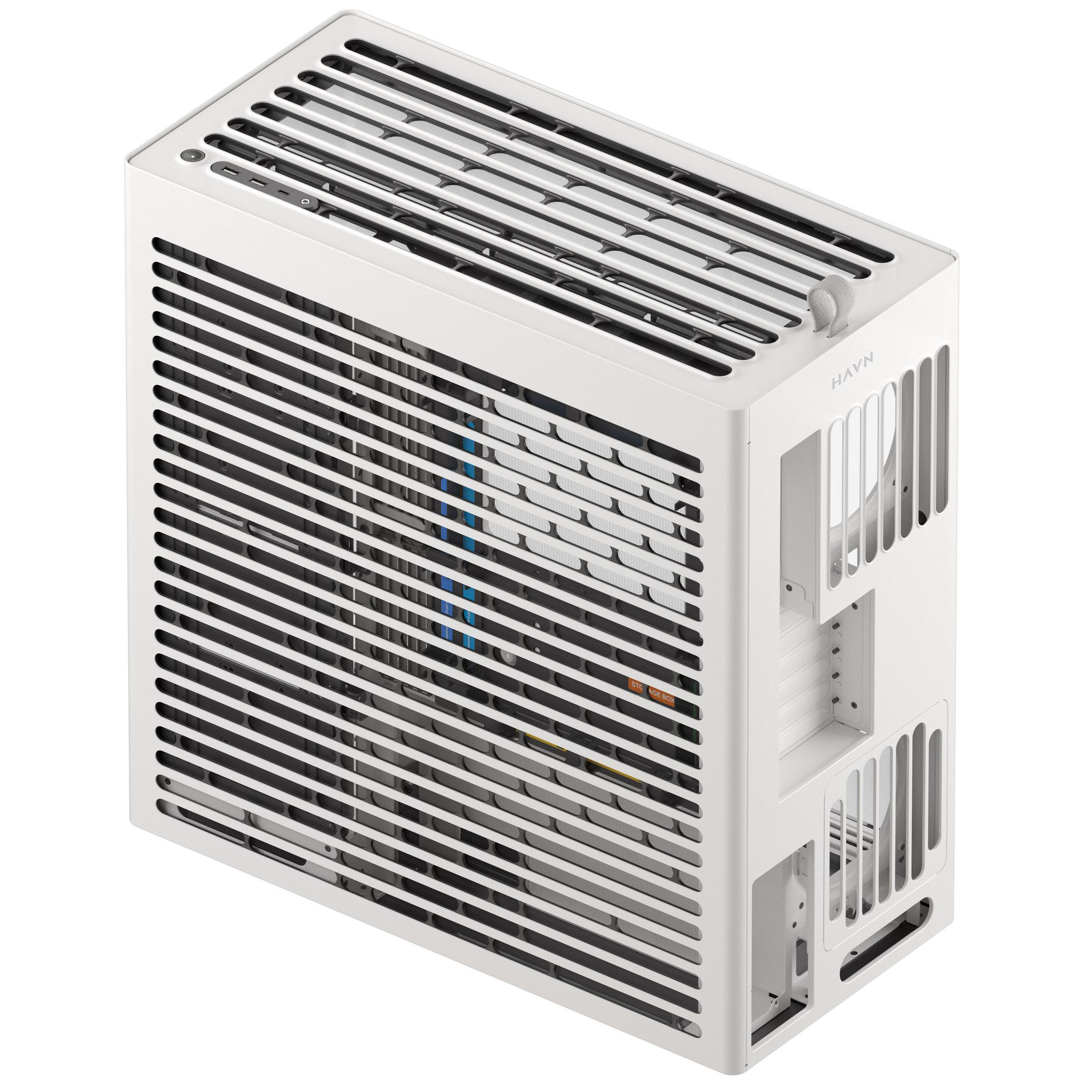 Ein weißes Computergehäuse mit Lüftungsschlitzen und sichtbaren Komponenten.