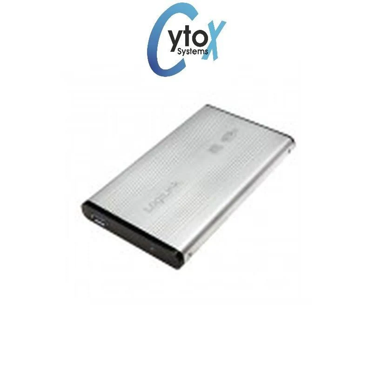 Una carcasa plateada de disco duro externo con un puerto USB en el lateral.
