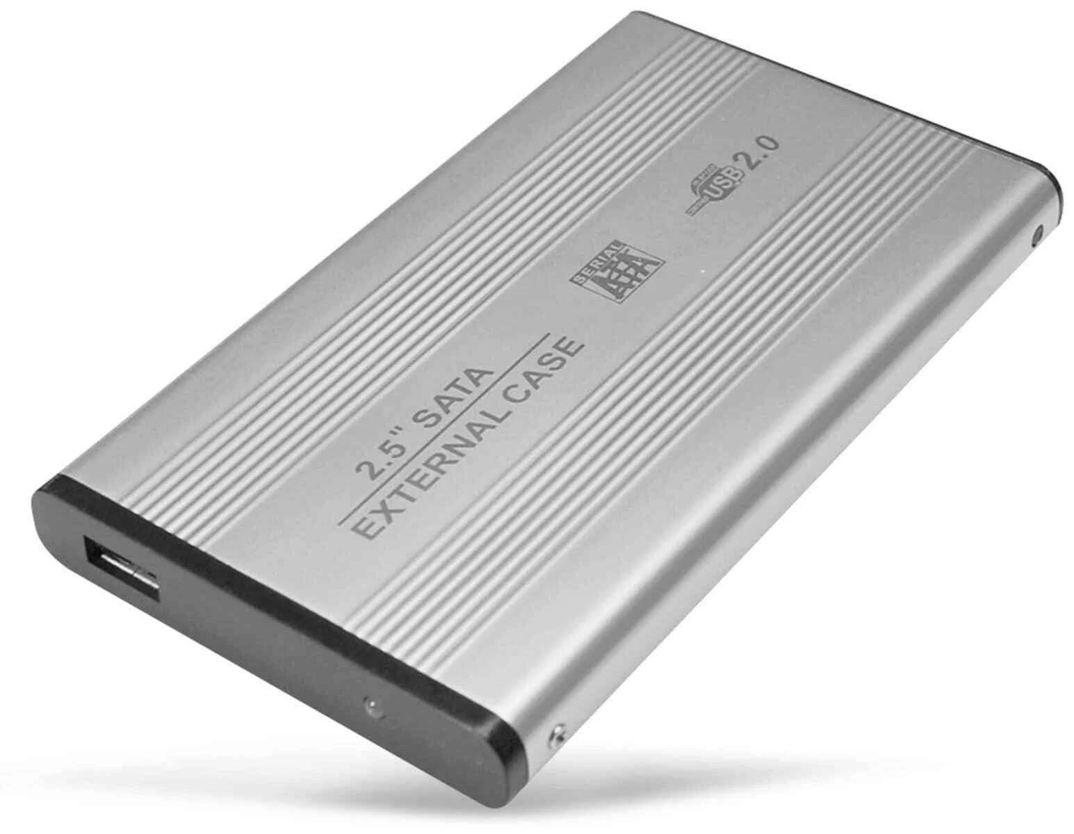 Carcasa externa SATA plateada de 2,5" con parte superior acanalada y puerto USB 2.0.
