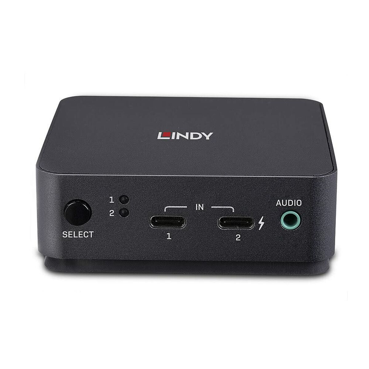 Schwarzes Lindy-Gerät mit Select-Taste, zwei USB-C-Eingängen und Audioausgang.