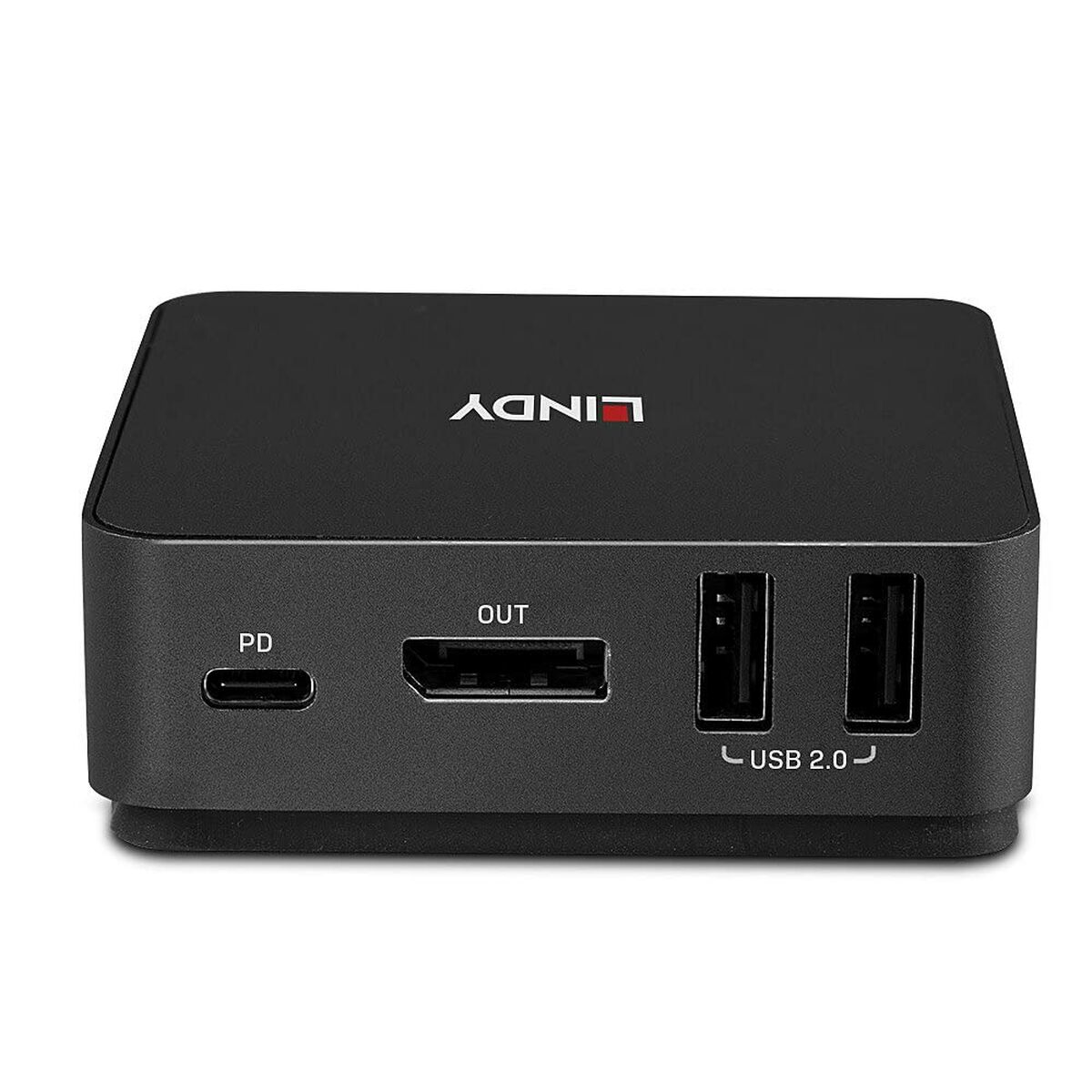 Schwarzes Lindy-Gerät mit PD-, OUT- und zwei USB 2.0-Anschlüssen.