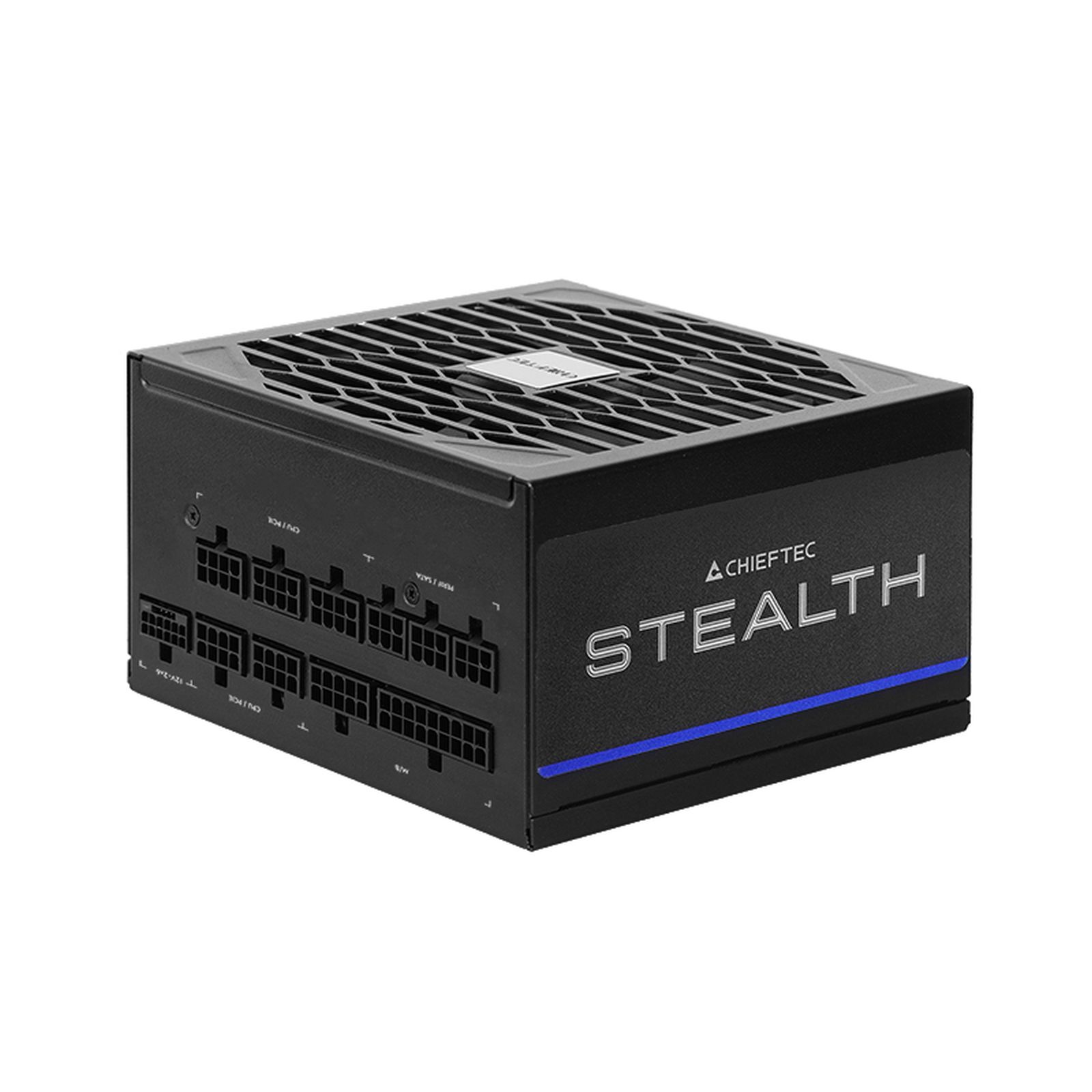 Schwarzes Netzteil mit Anschlüssen und „STEALTH“-Aufschrift.