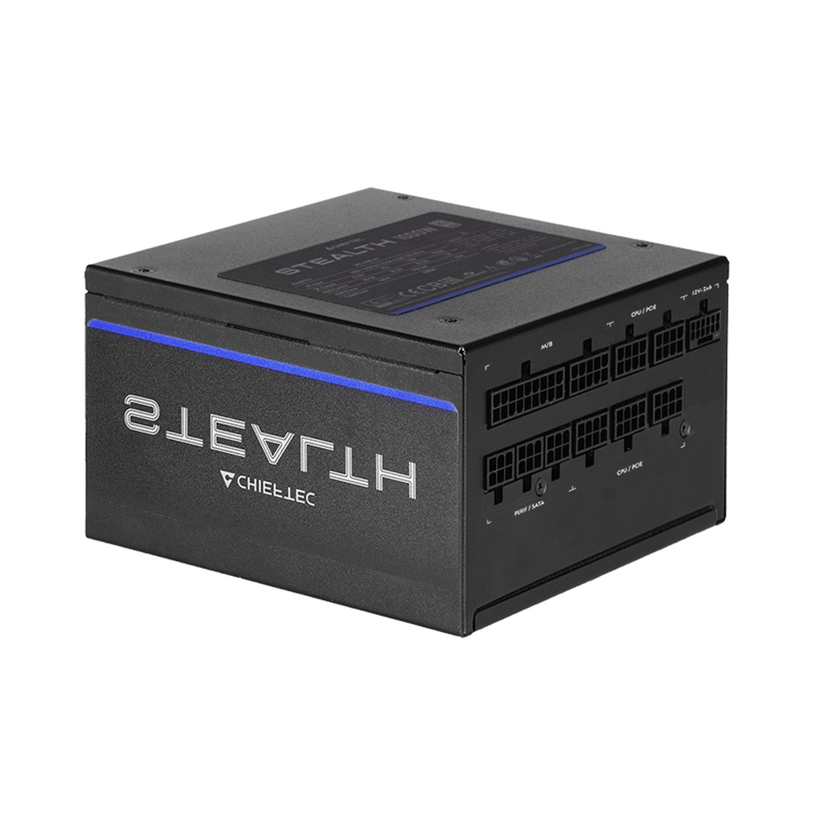 Schwarzes Netzteil mit blauen Akzenten, beschriftet mit 'STEALTH 1000W'.
