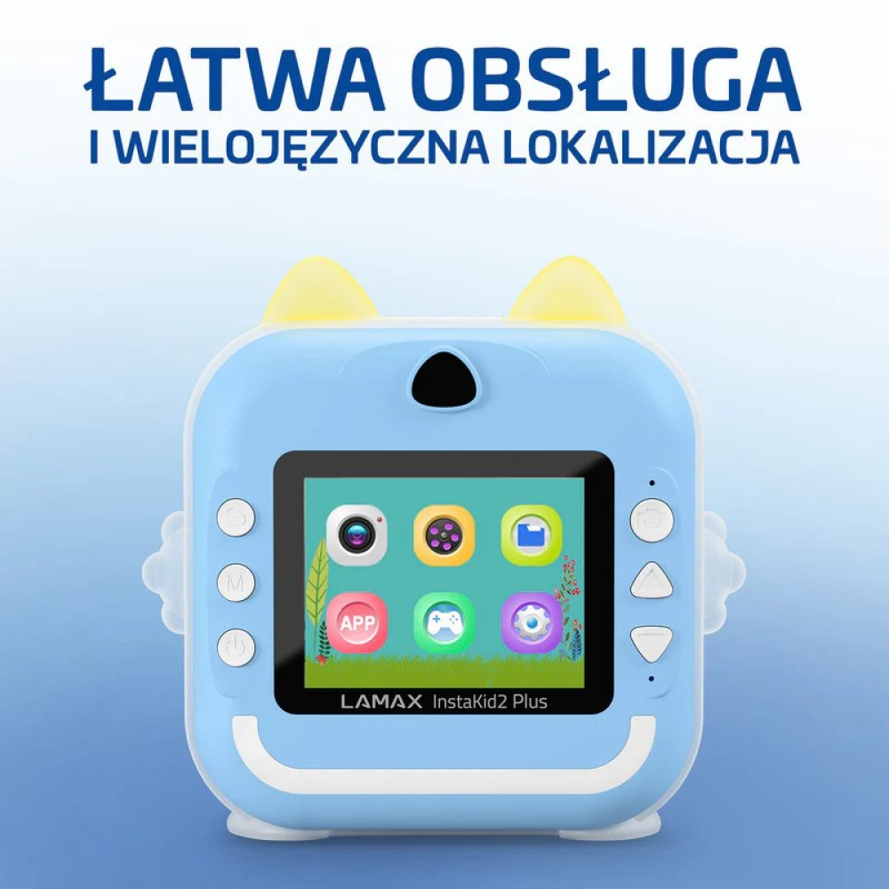 Niebieska kamera dla dzieci z żółtymi uszami i ekranem z ikonami aplikacji.