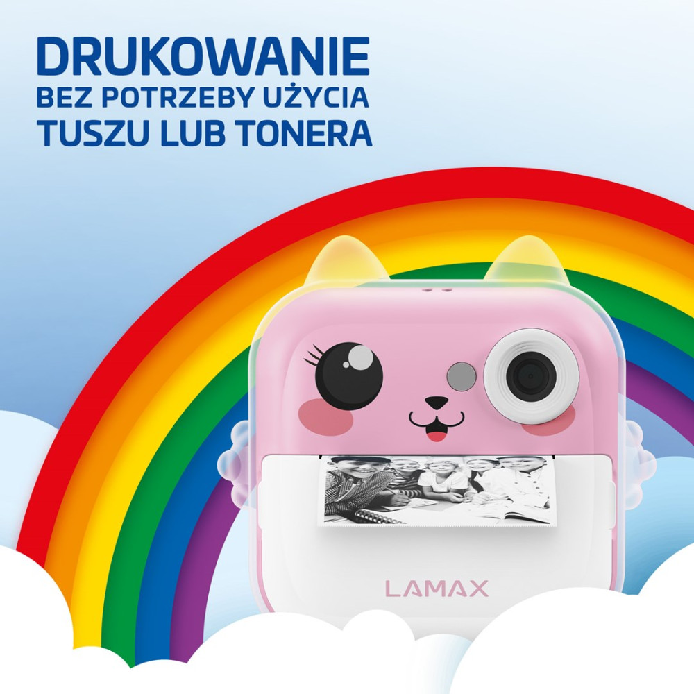 Różowa drukarka w kształcie kota z tęczą i chmurami.