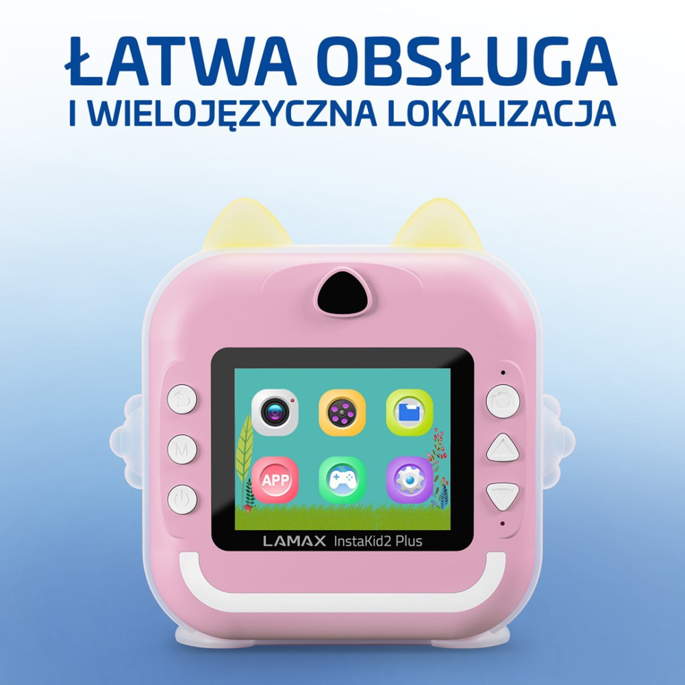 Różowy aparat natychmiastowy dla dzieci z kocimi uszami i ekranem z ikonami aplikacji.