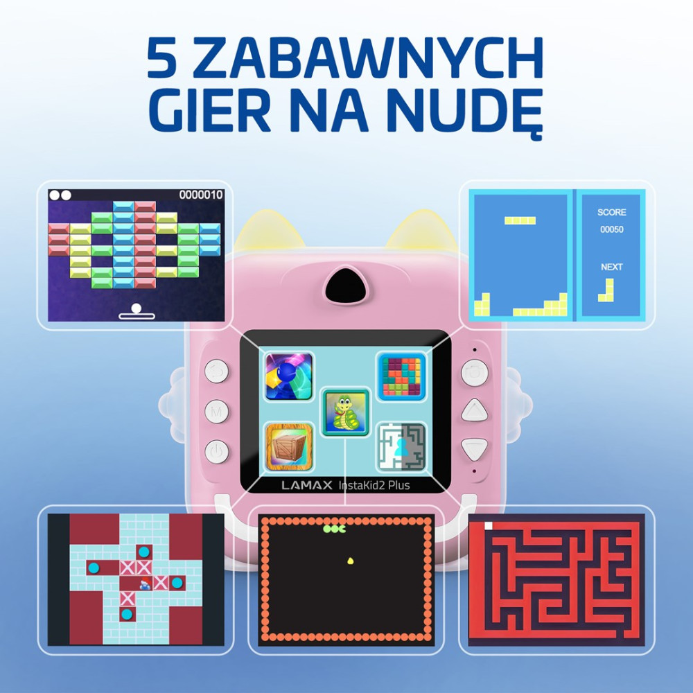 Różowy aparat zabawkowa prezentujący 5 różnych gier na ekranach.