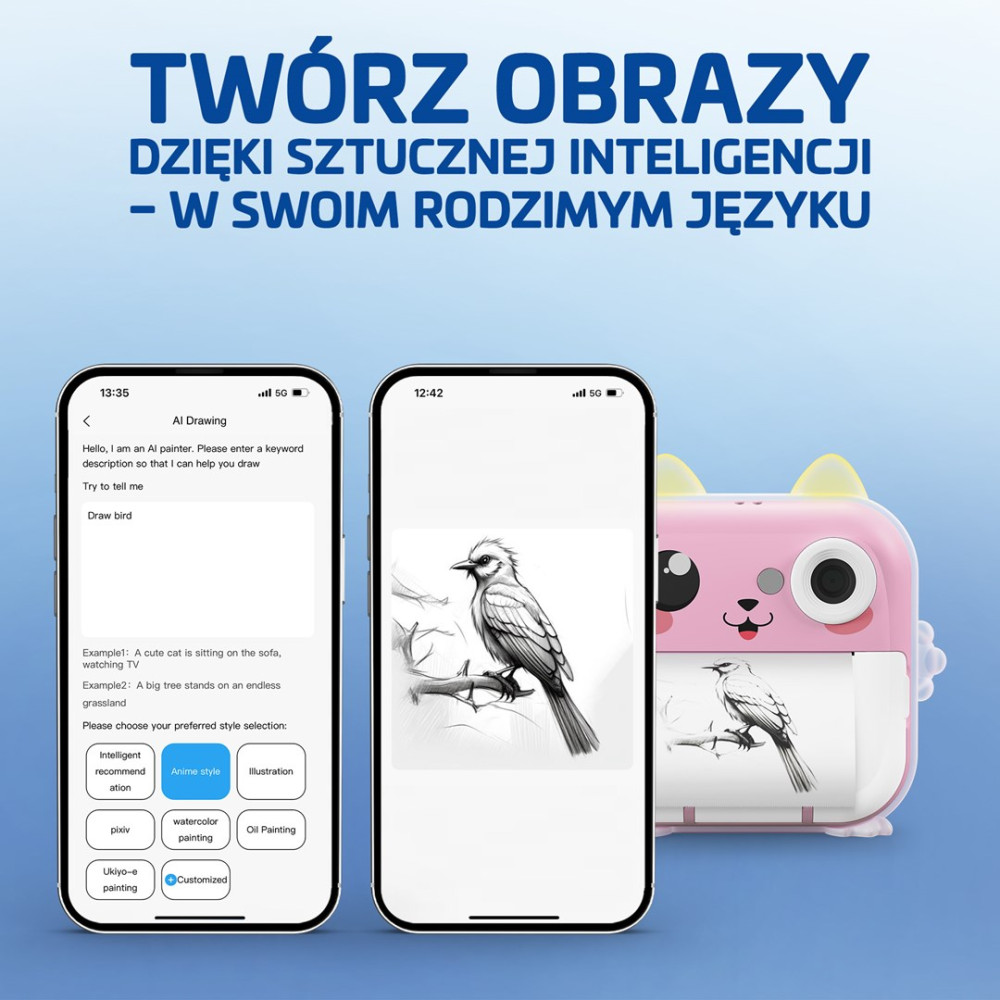 Dwa smartfony i różowa drukarka. Jeden pokazuje aplikację do rysowania AI, drugi rysunek ptaka.