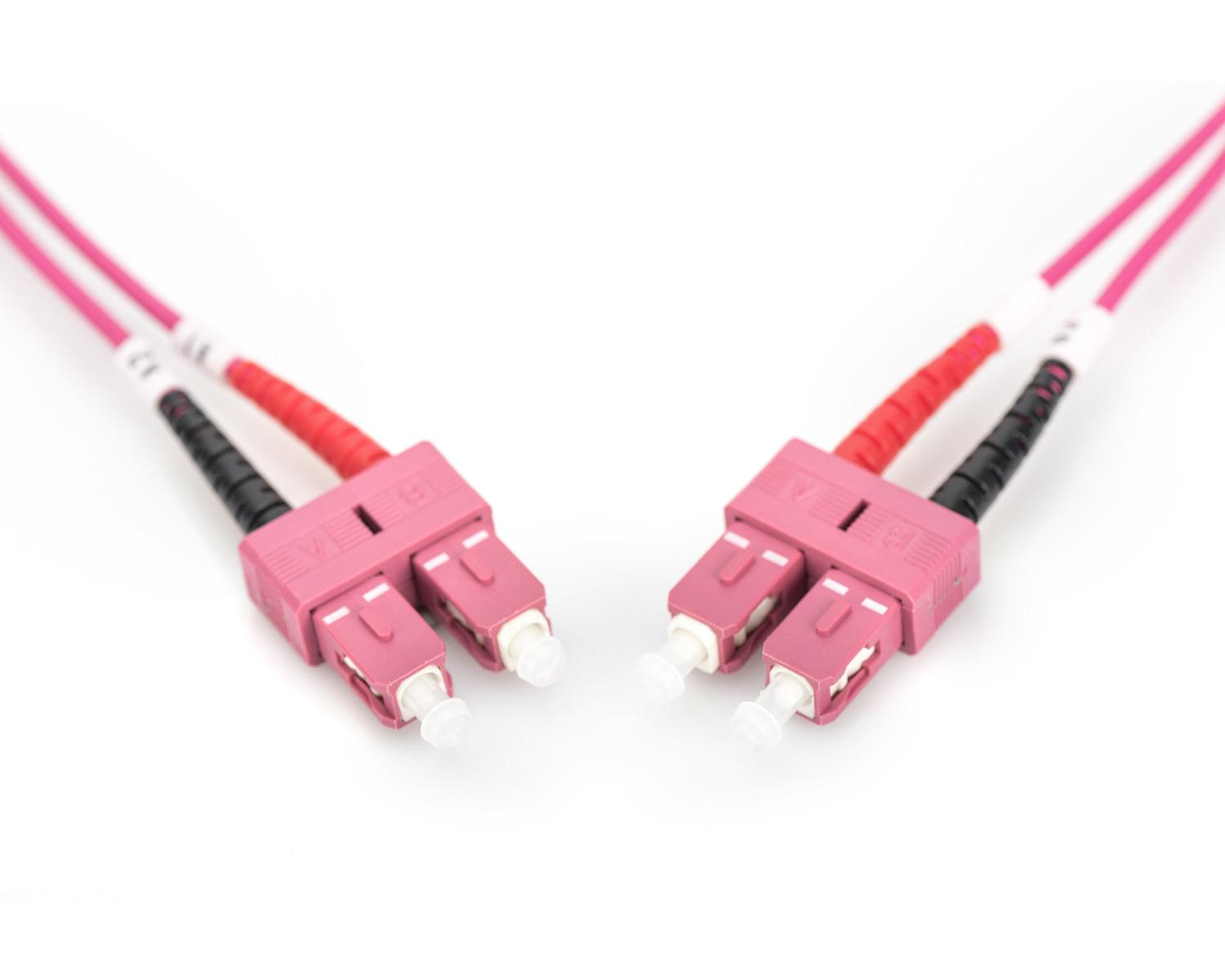 Due cavi in fibra ottica rosa con connettori rosa giacciono fianco a fianco su sfondo bianco.