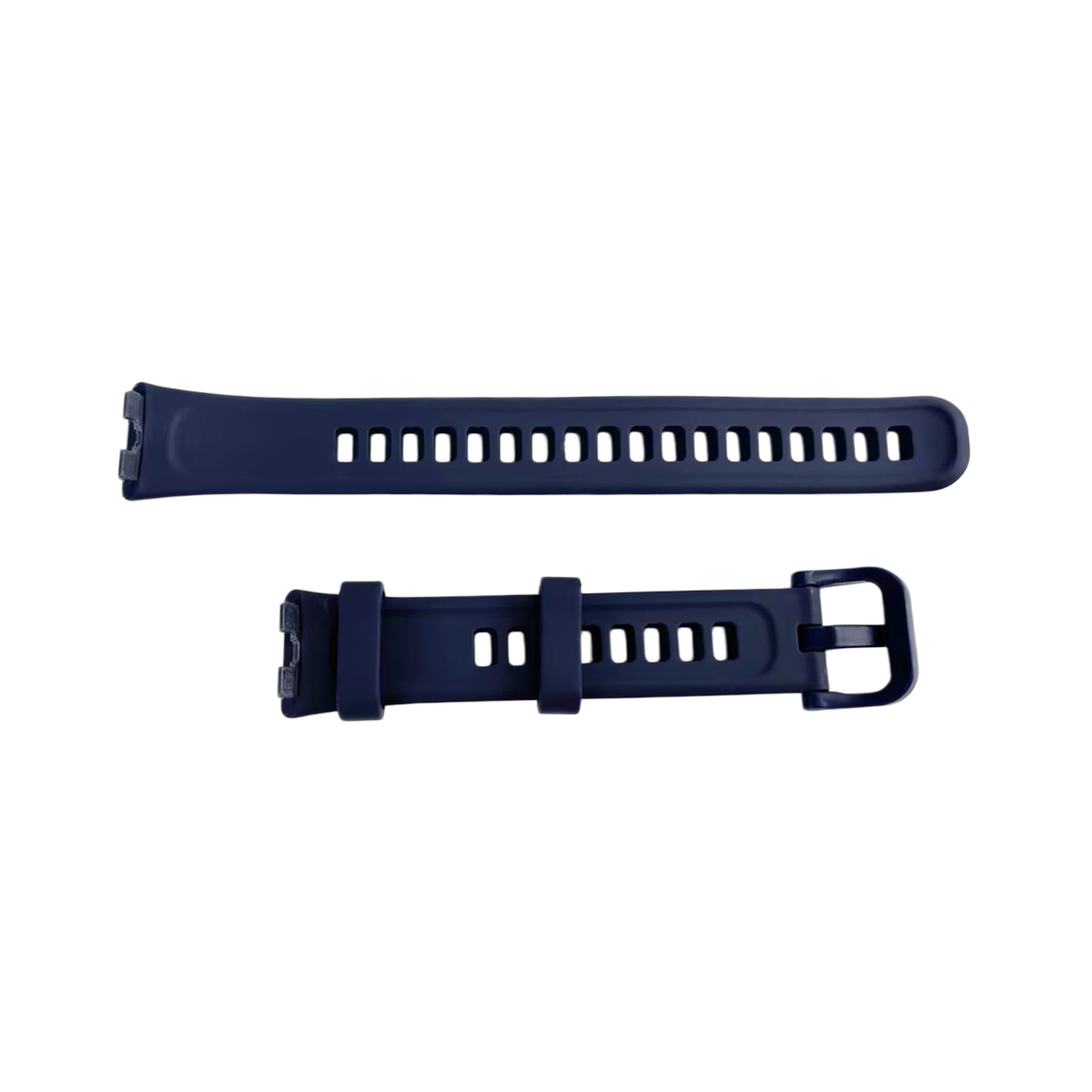 Zwei dunkelblaue Uhrenarmbänder mit Lochmuster auf weißem Hintergrund.