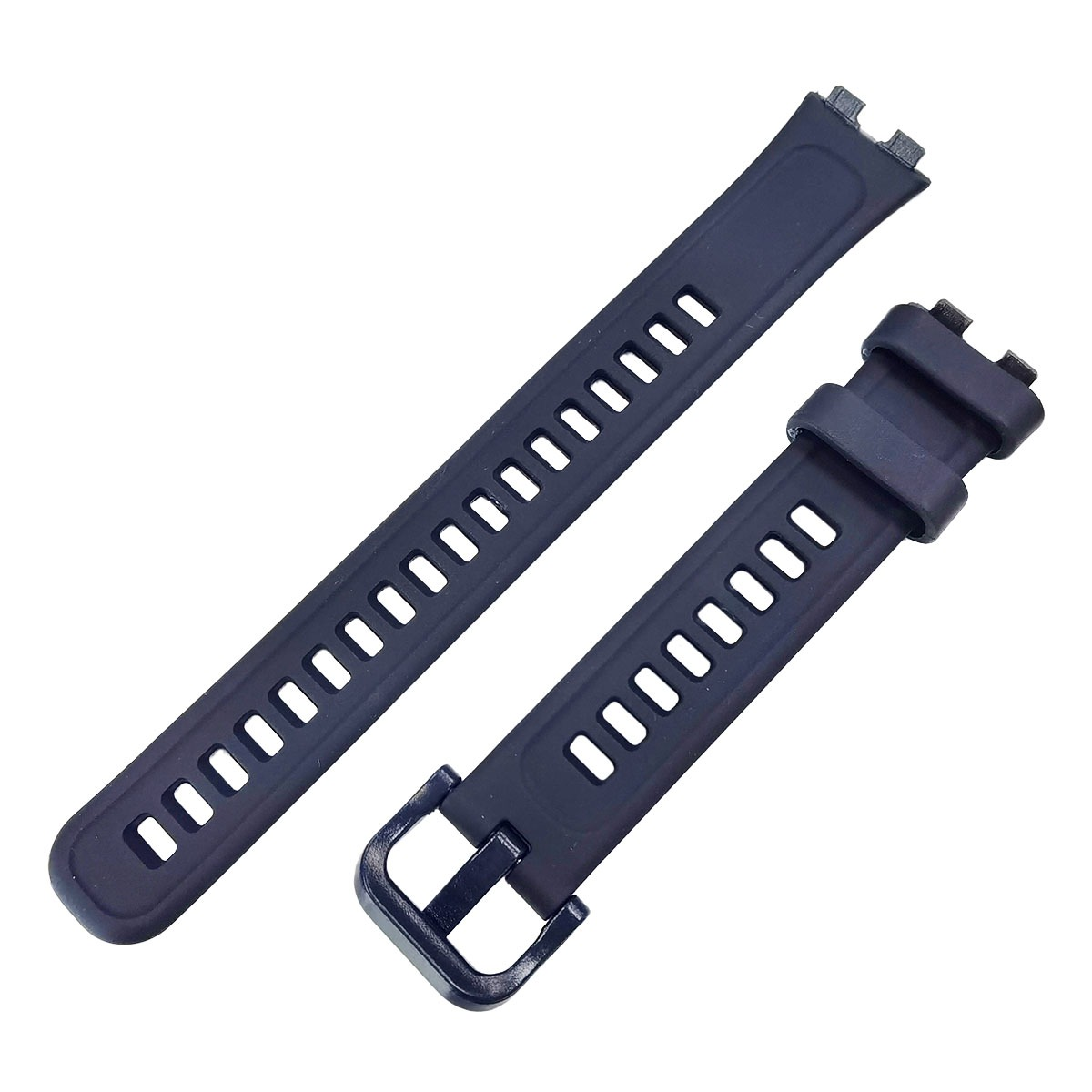Zwei schwarze Uhrenarmbänder aus Gummi liegen nebeneinander auf weißem Hintergrund.