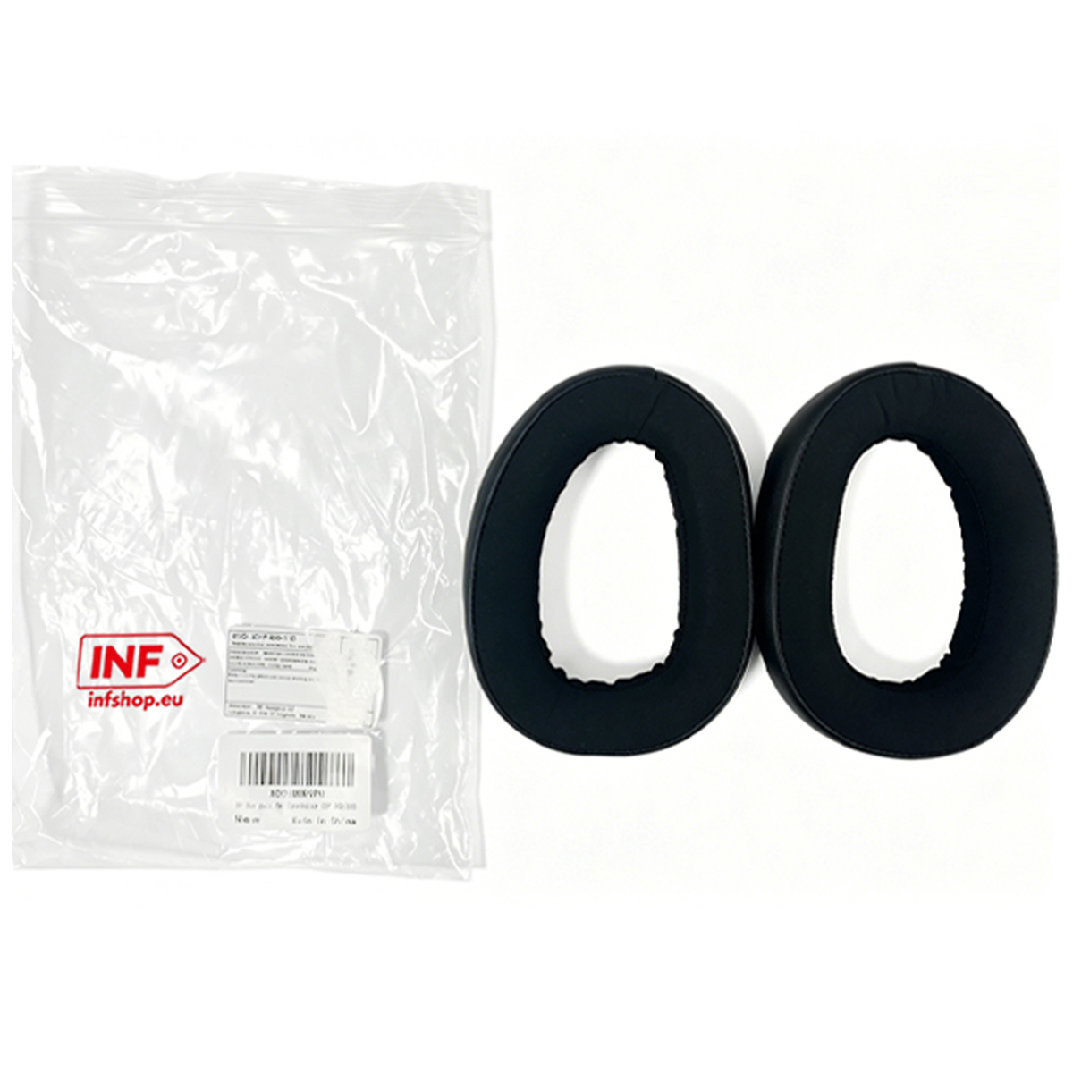 Due cuscinetti neri per cuffie accanto a una busta di plastica con logo INF.