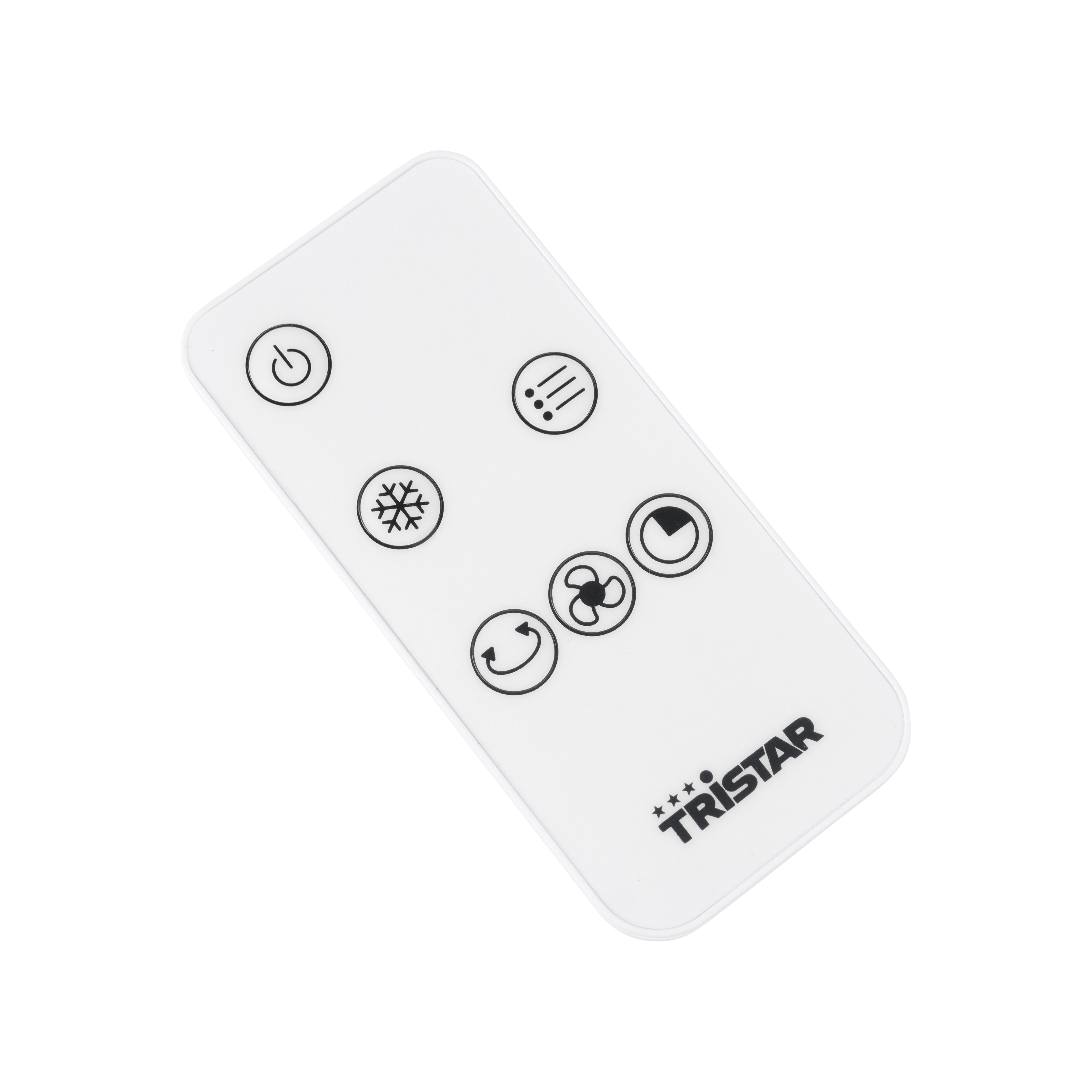 Telecomando bianco con simboli on/off, ventola, freddo e timer.