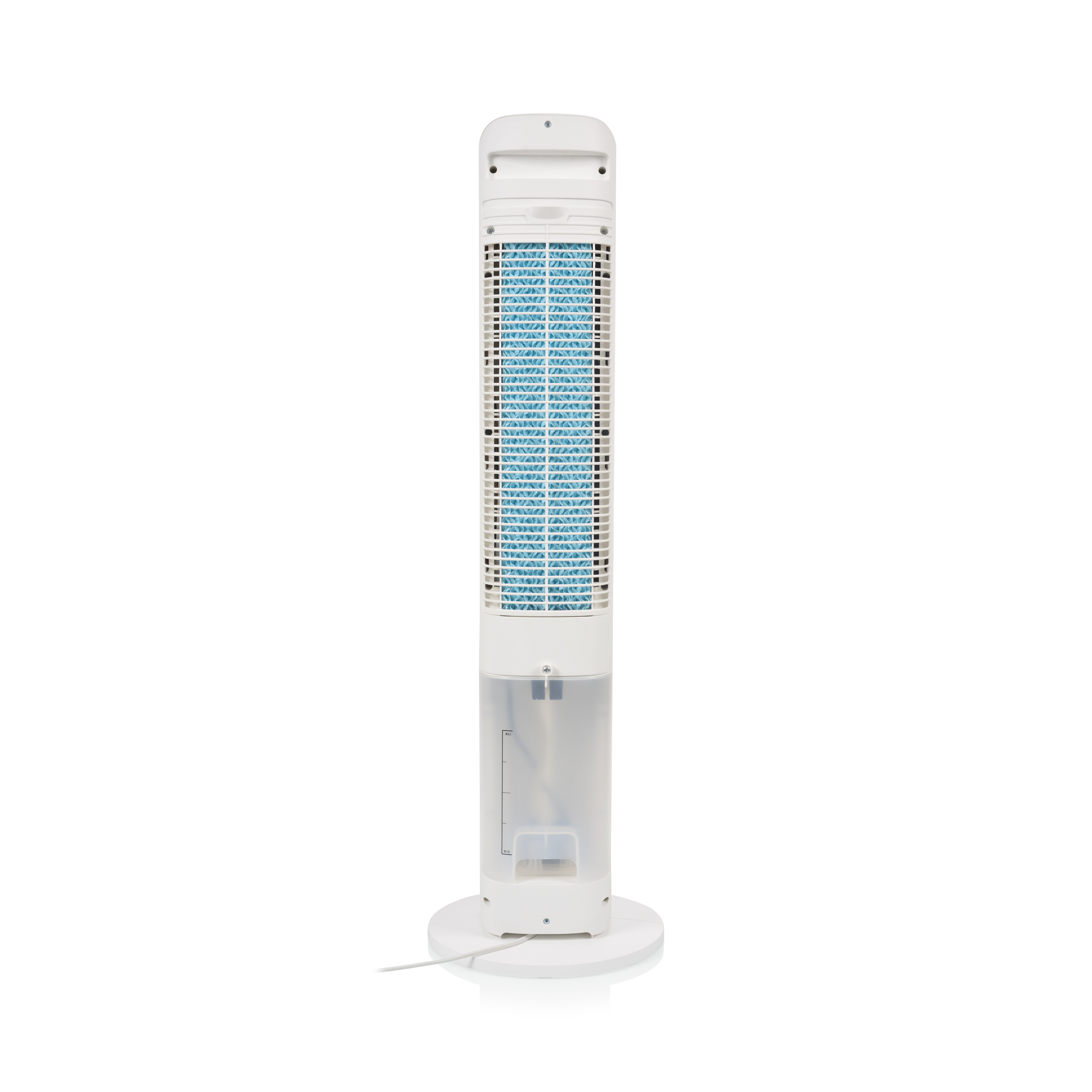 Un ventilatore a torre bianco con griglia blu e serbatoio dell'acqua.