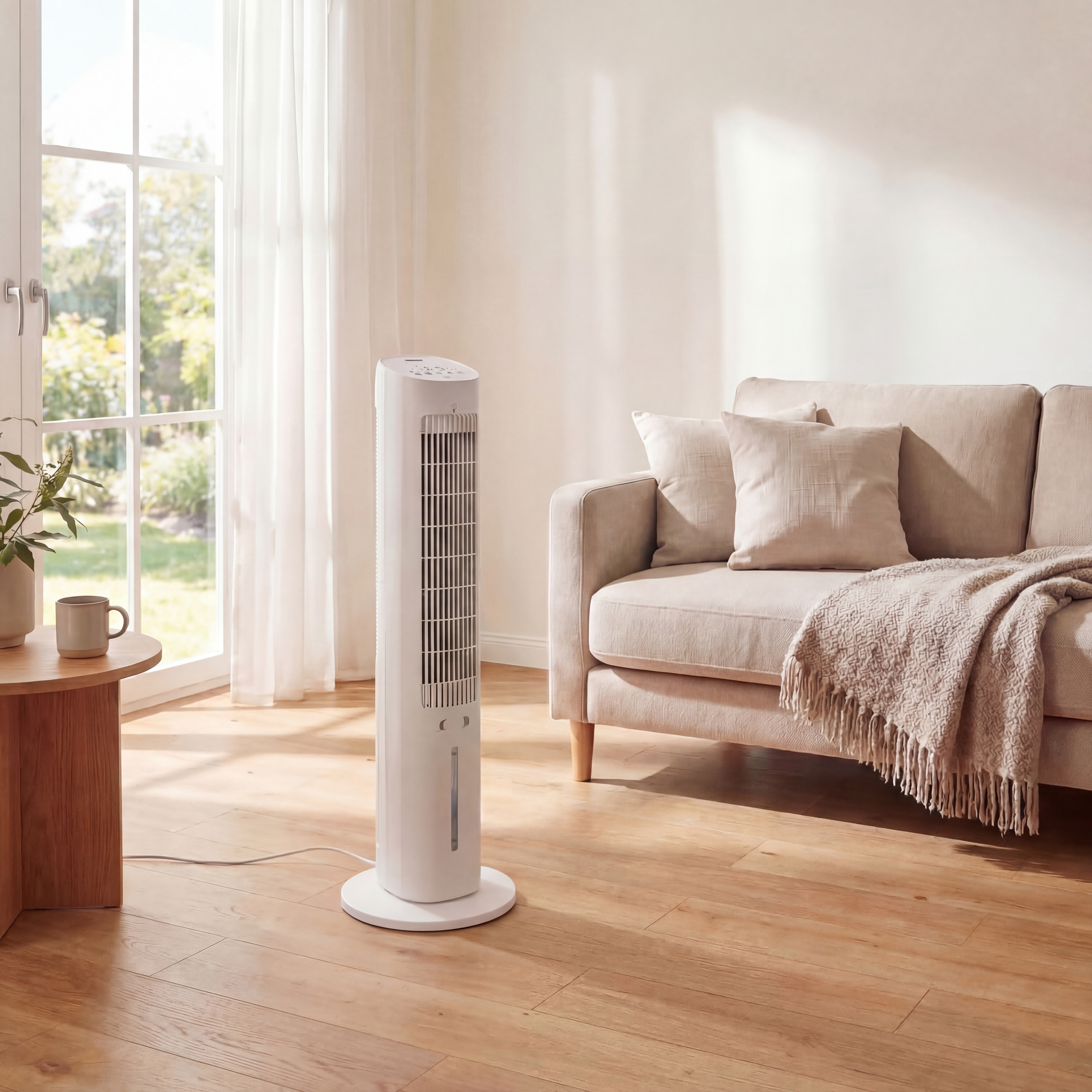 Un ventilatore a torre bianco accanto a un divano con cuscini e coperta.