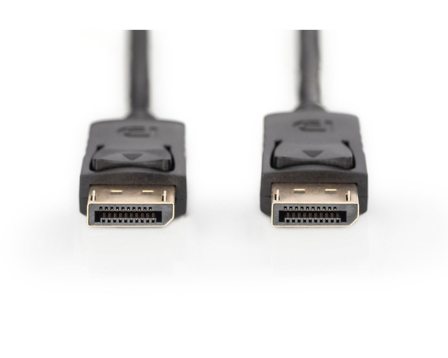 Due connettori di cavo DisplayPort neri con contatti dorati su sfondo bianco.