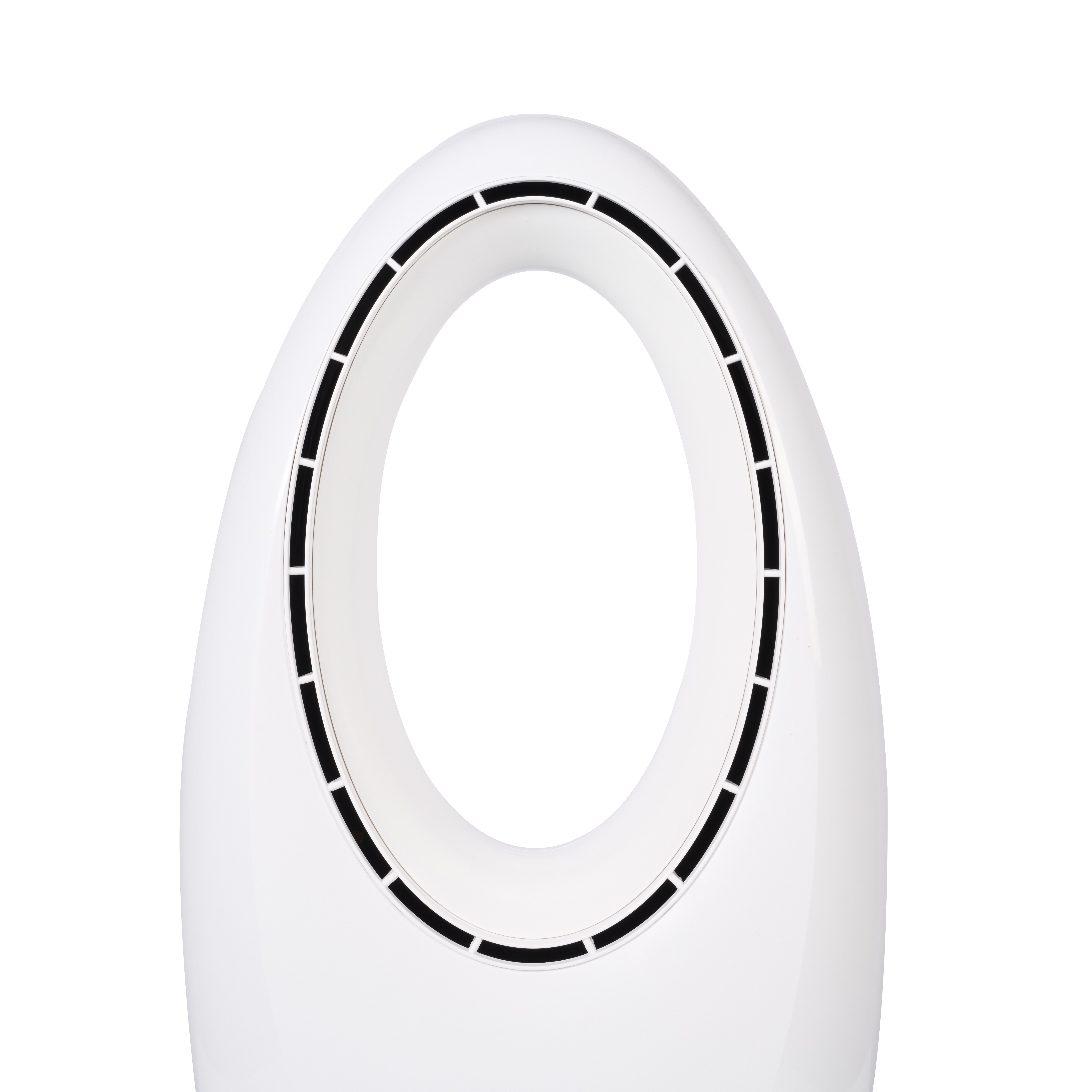 Ventilatore bianco a forma di goccia con cornice di ventilazione nera.