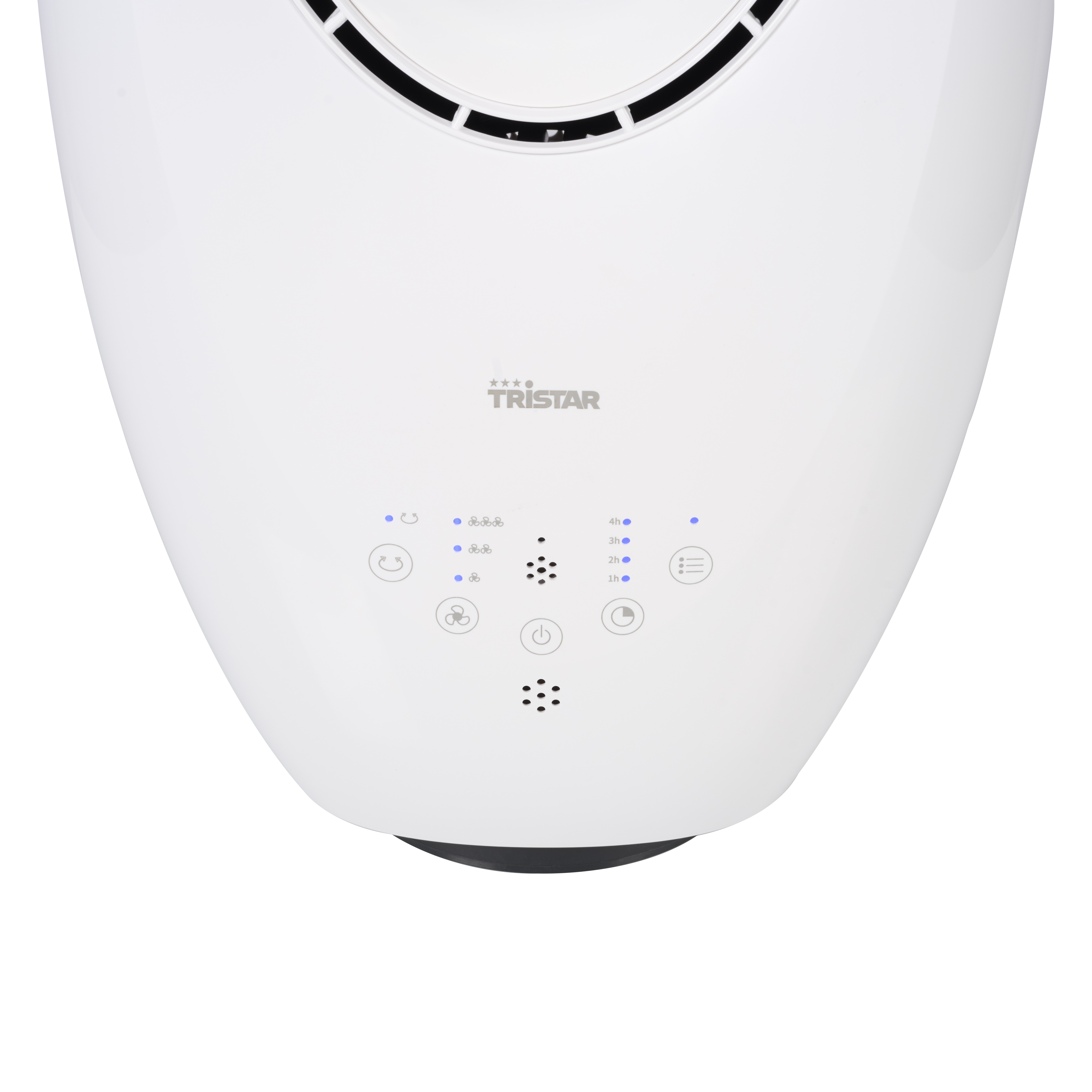 Parte superiore bianca del ventilatore con logo Tristar e comandi touch.