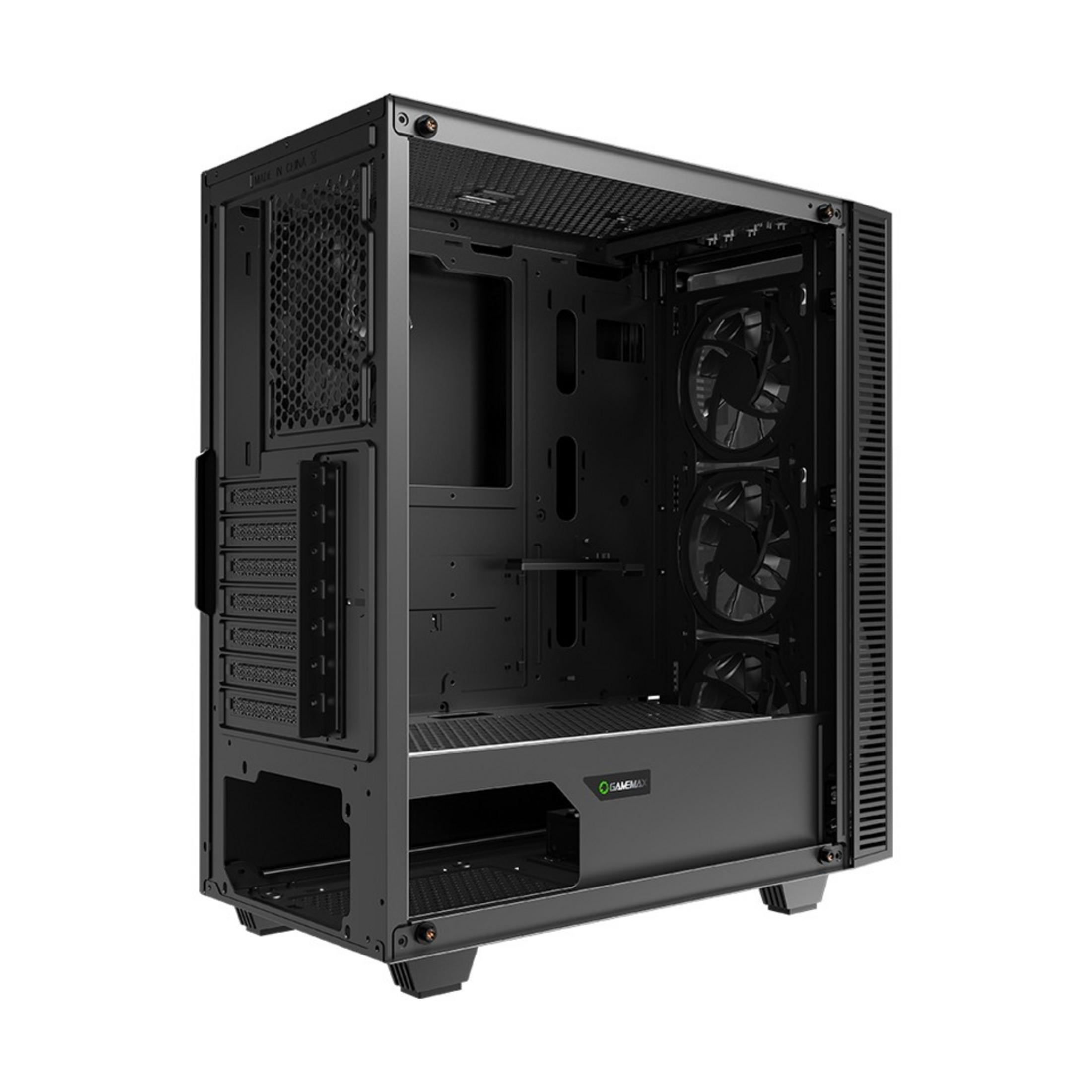 Schwarzes PC-Gehäuse mit Lüftern und Mesh-Belüftung.