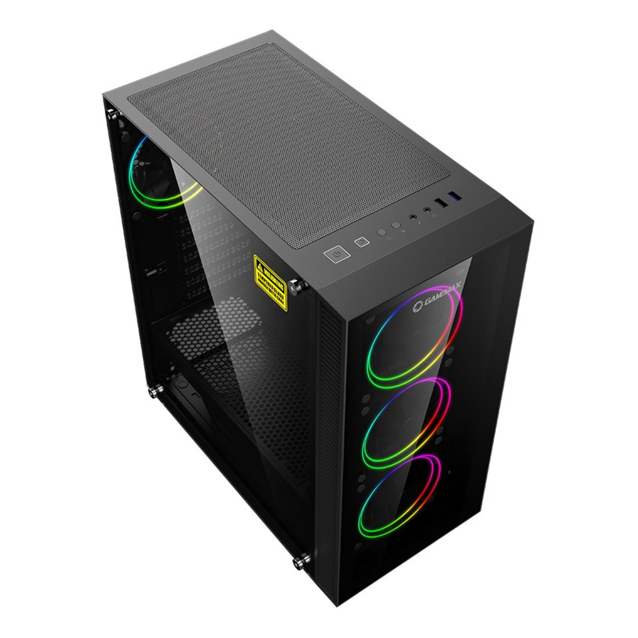 Schwarzes Computergehäuse mit Glasfront und RGB-Lüftern.