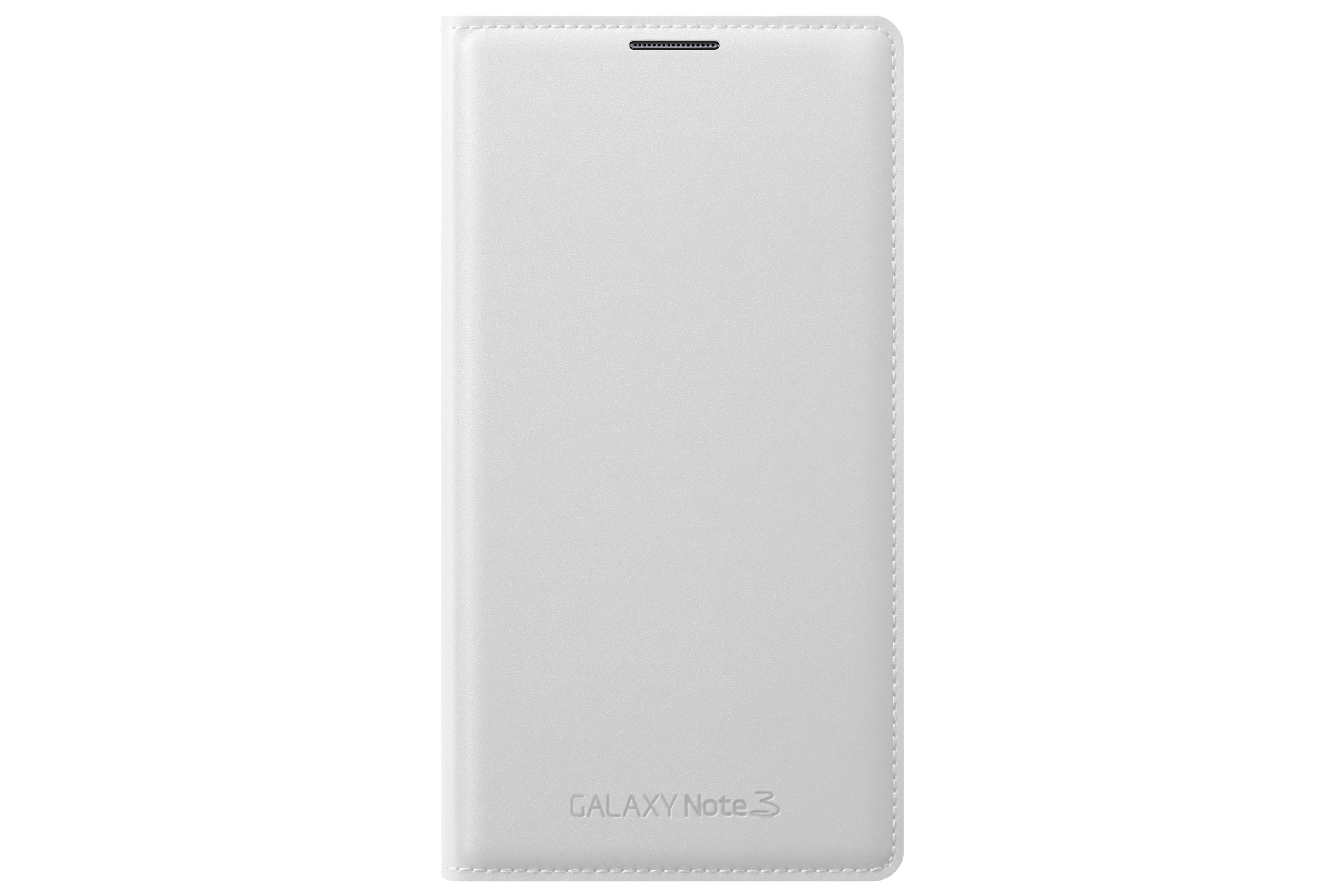 Custodia bianca per telefono con cuciture e "GALAXY Note 3" in rilievo.