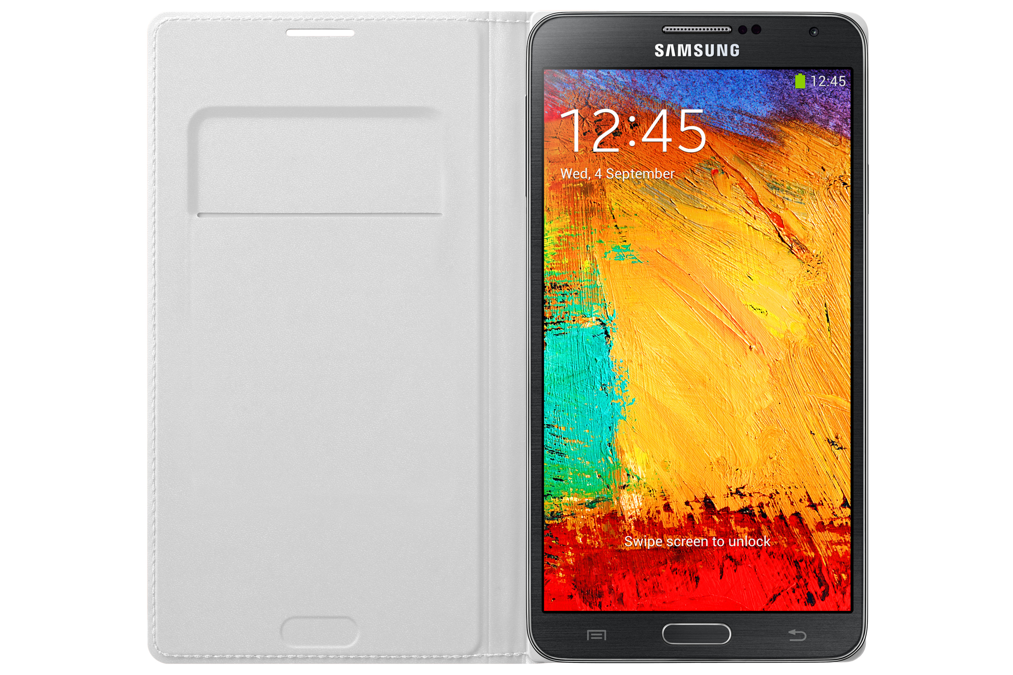 Una custodia bianca per smartphone con copertina aperta, che rivela un telefono Samsung con sfondo colorato.