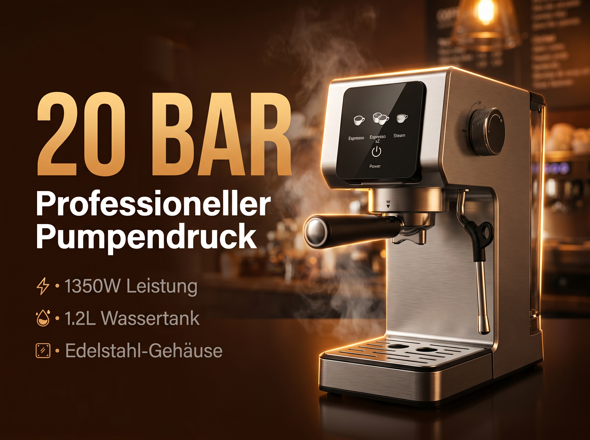 Edelstahl-Espressomaschine mit 20 Bar Pumpendruck, 1350W Leistung.