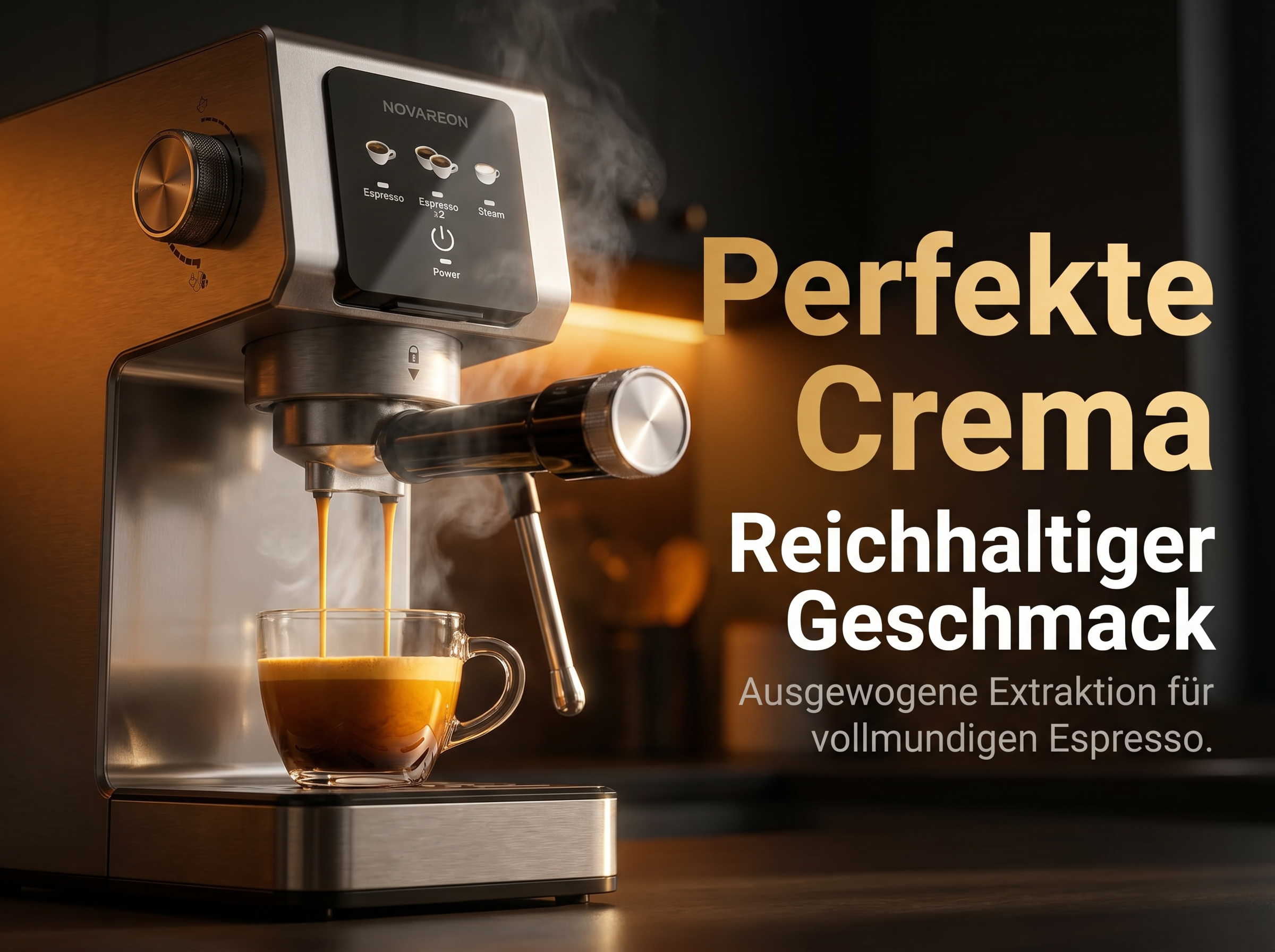 Eine Kaffeemaschine brüht Espresso in eine Tasse. Dampf steigt auf.