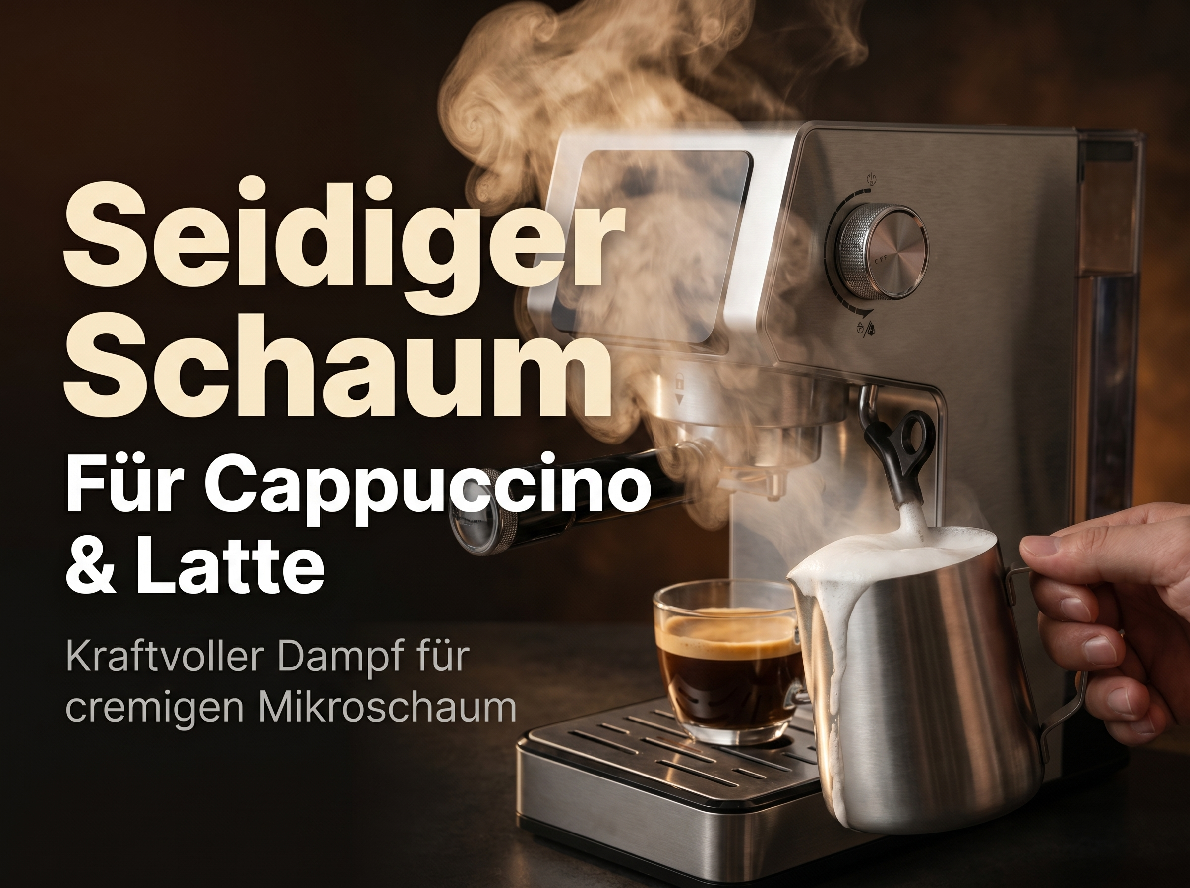 Eine Espressomaschine schäumt Milch in einen Metallkrug, daneben eine Tasse Espresso.
