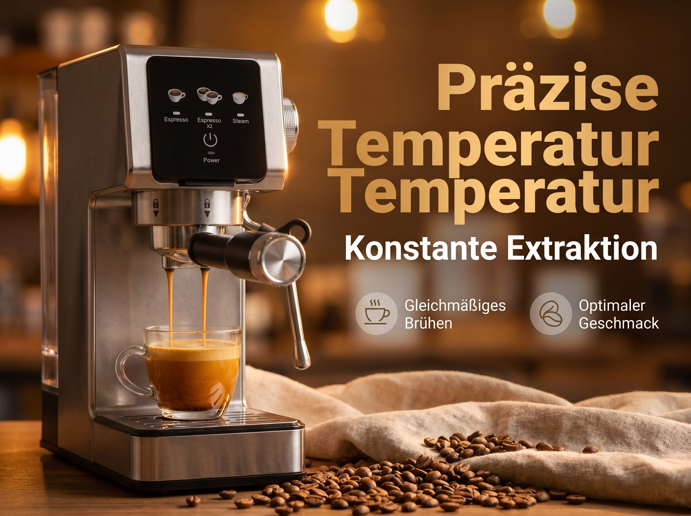 Eine Espressomaschine brüht Kaffee in eine Tasse, daneben Kaffeebohnen und Text.