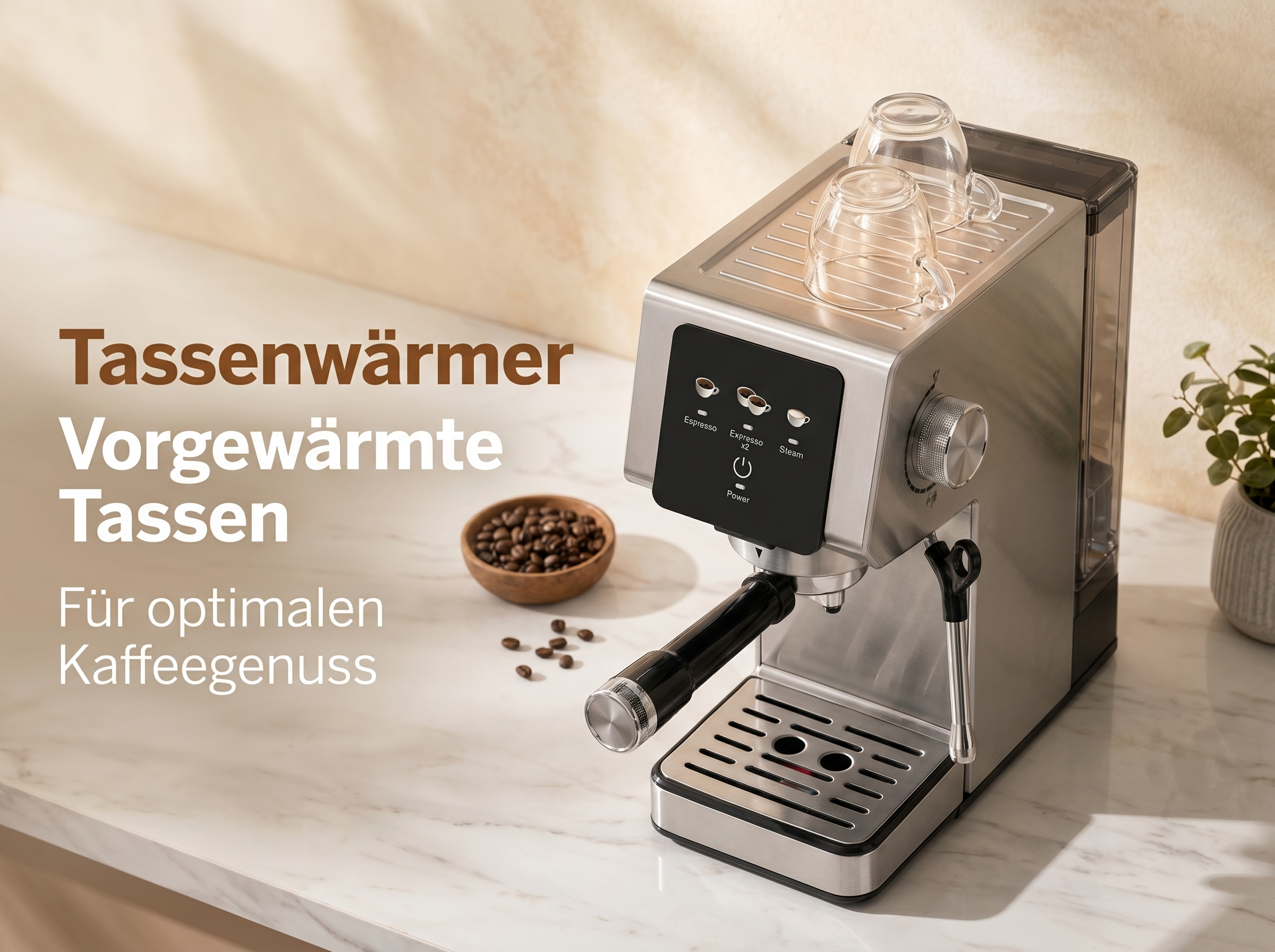 Eine Espressomaschine mit zwei Glasbechern auf der Tassenwärmer-Oberseite.