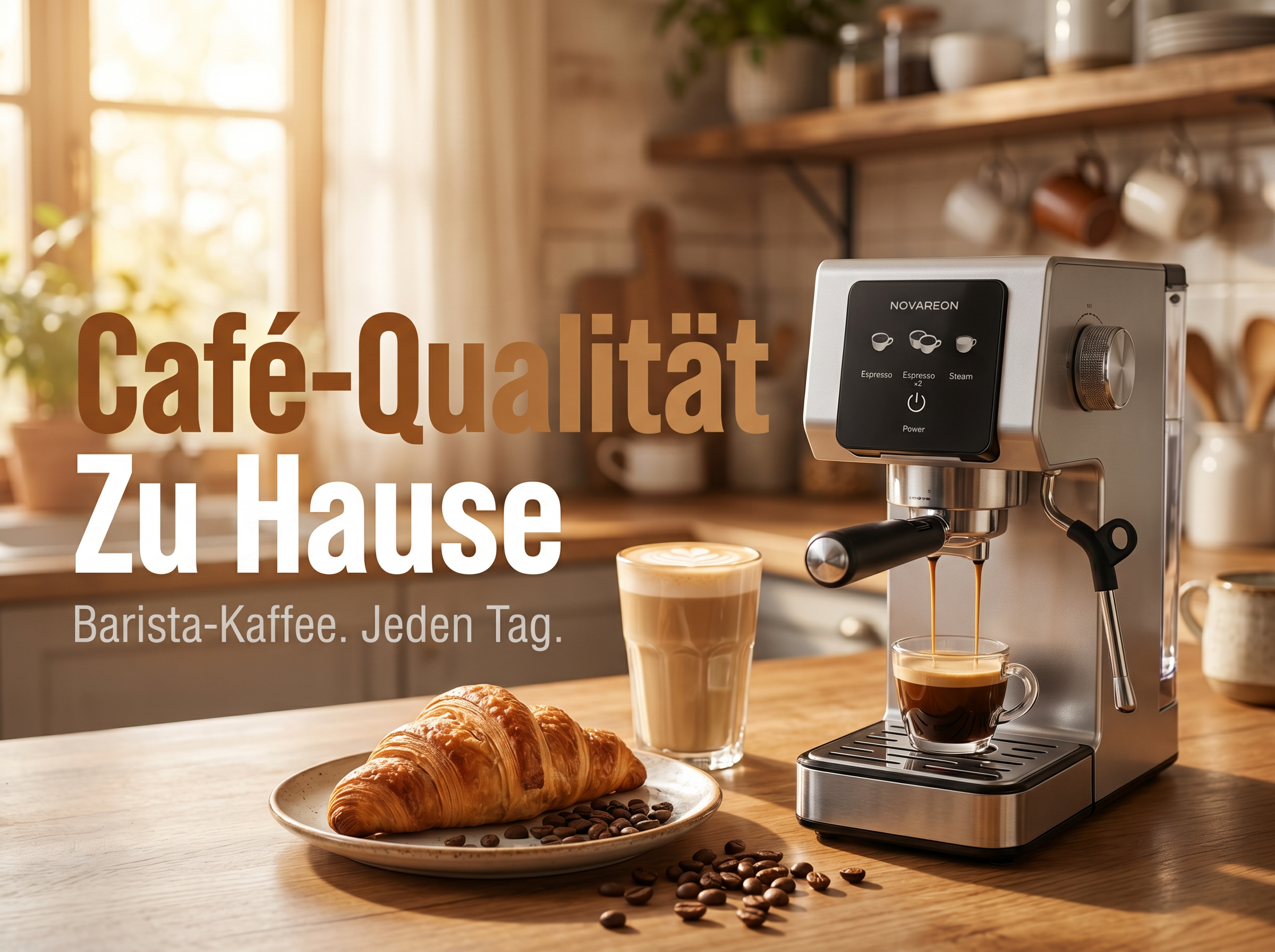 Eine Espressomaschine brüht Kaffee in eine Tasse. Daneben ein Croissant.