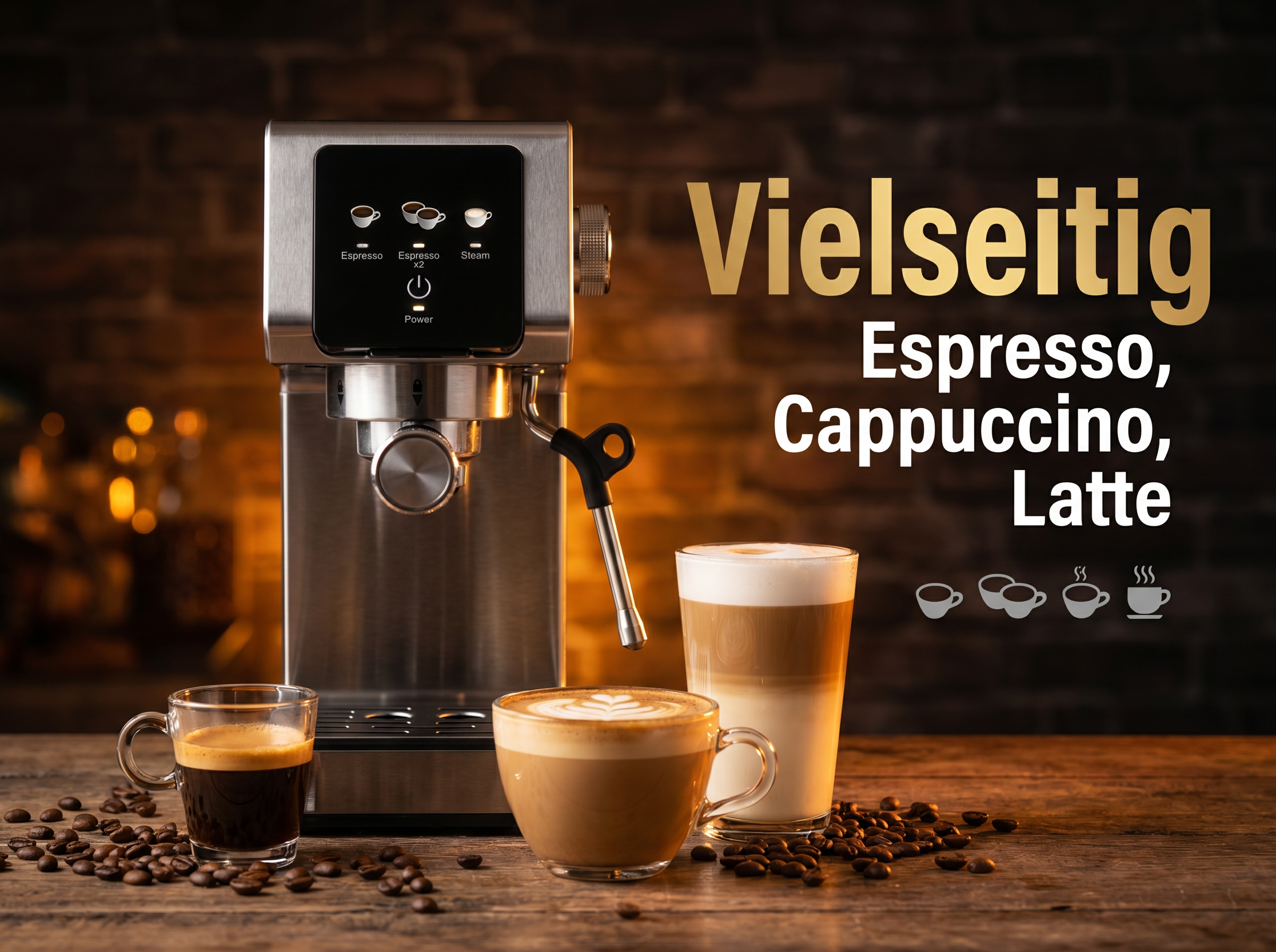 Eine Espressomaschine mit drei Kaffeegetränken und Kaffeebohnen auf einem Holztisch.