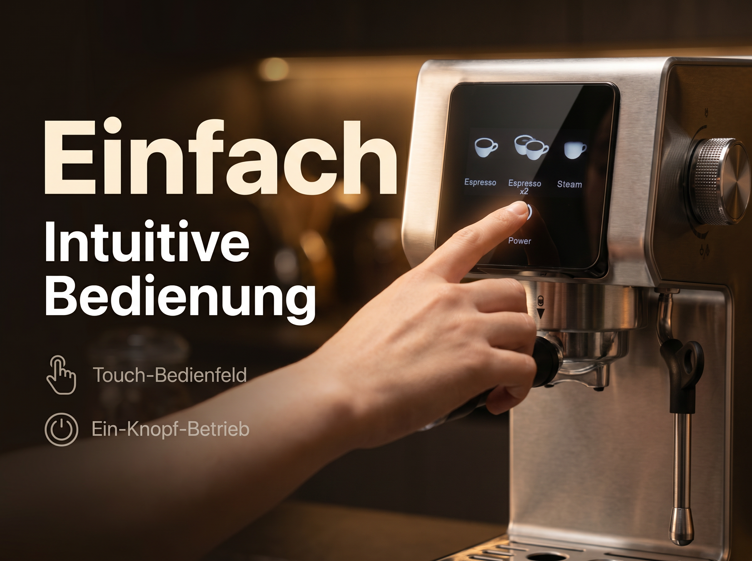 Eine Hand bedient eine Kaffeemaschine mit Touchscreen-Menüoptionen.