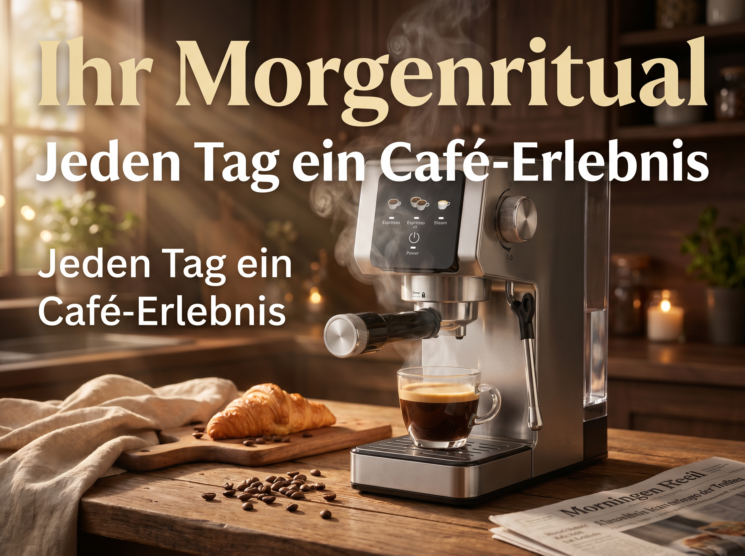 Eine Espressomaschine brüht Kaffee neben einem Croissant und einer Zeitung.