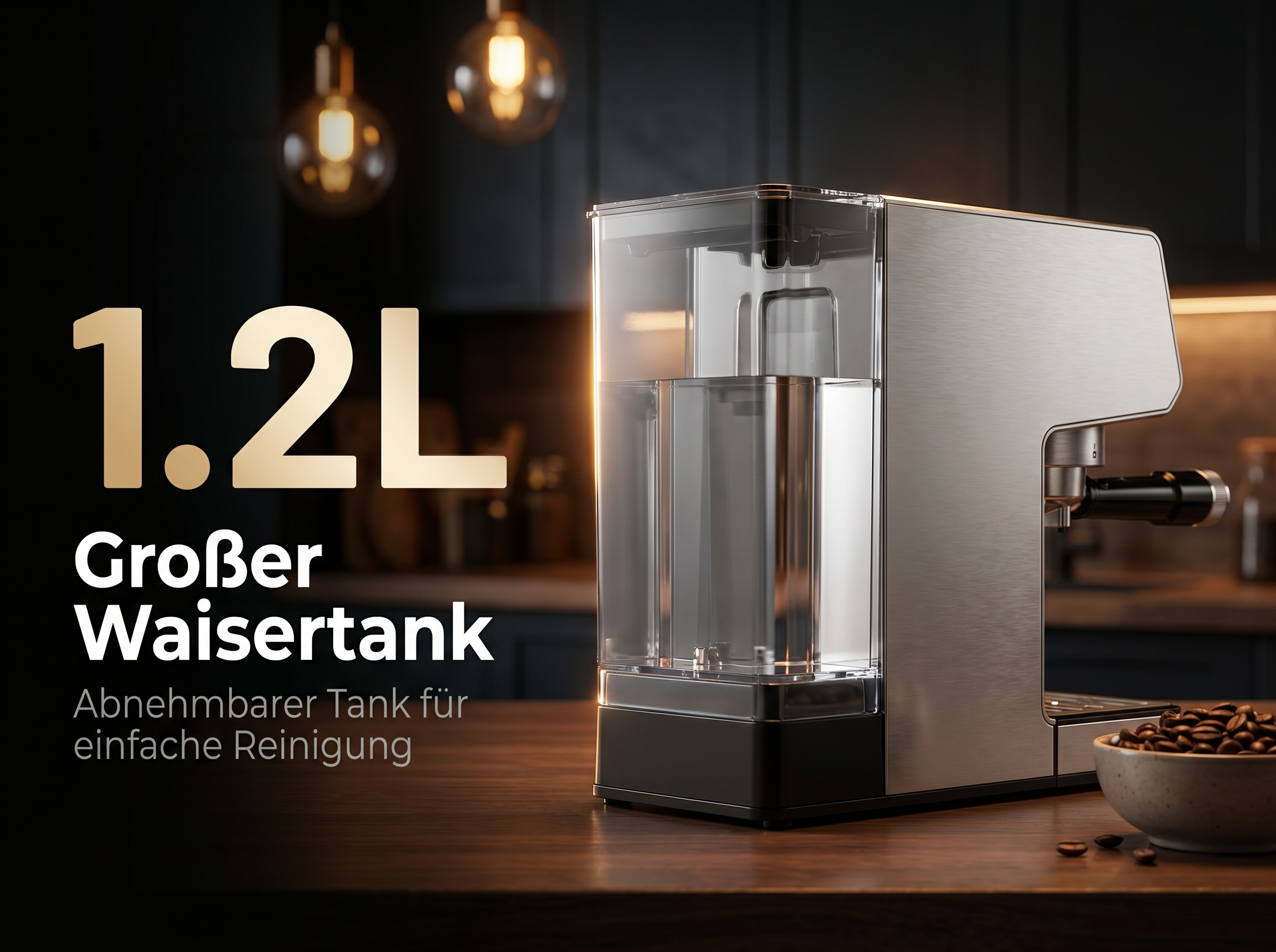 Kaffeemaschine mit 1,2L Wassertank und integriertem Milchaufschäumer.