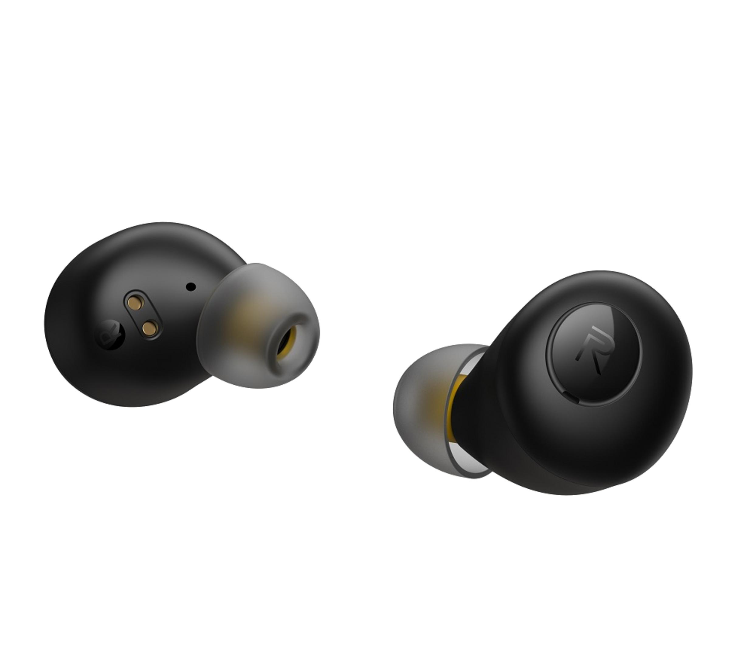 Due auricolari wireless neri con accenti gialli su sfondo bianco.