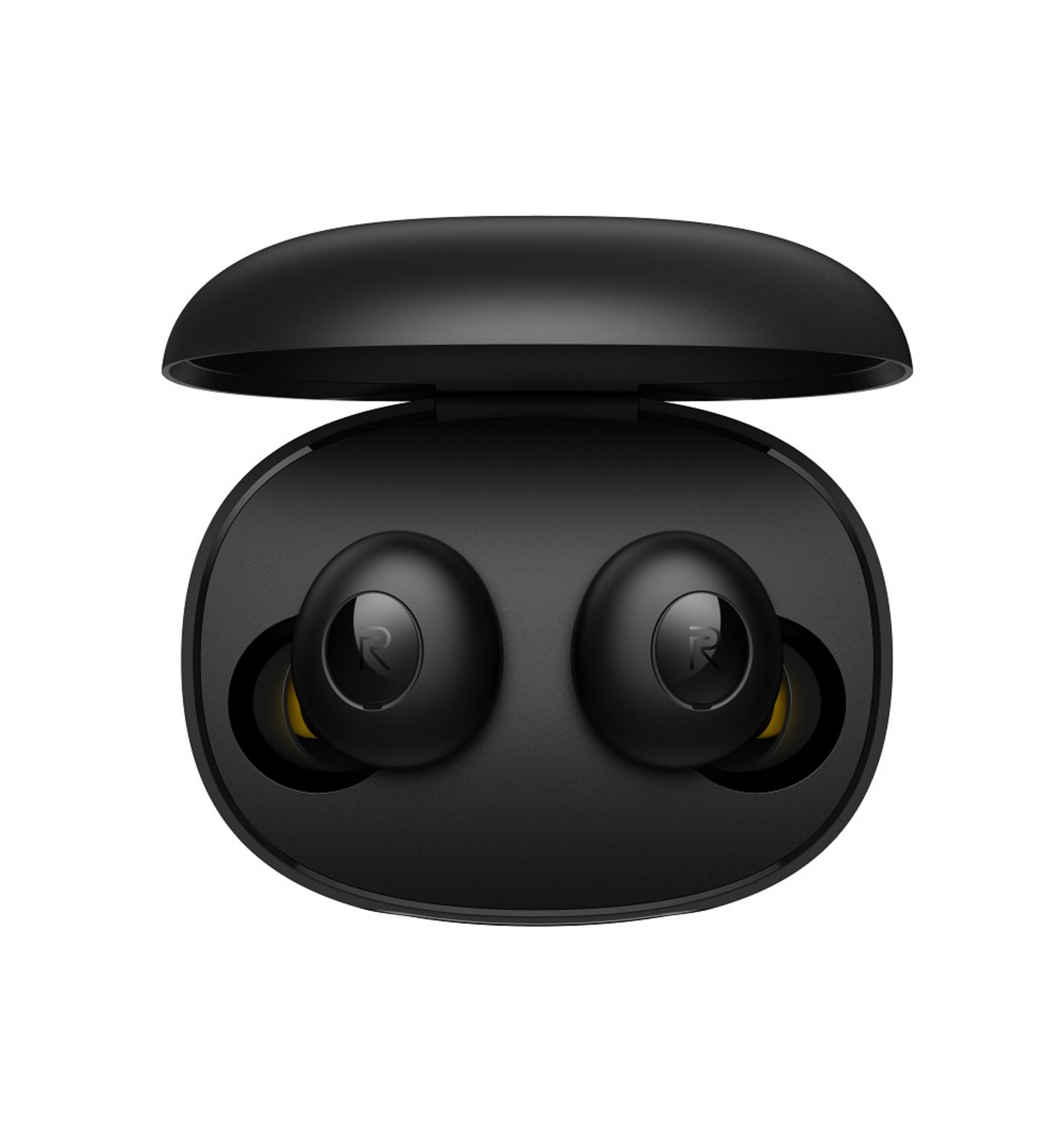 Auricolari wireless neri in una custodia di ricarica aperta con accenti gialli.