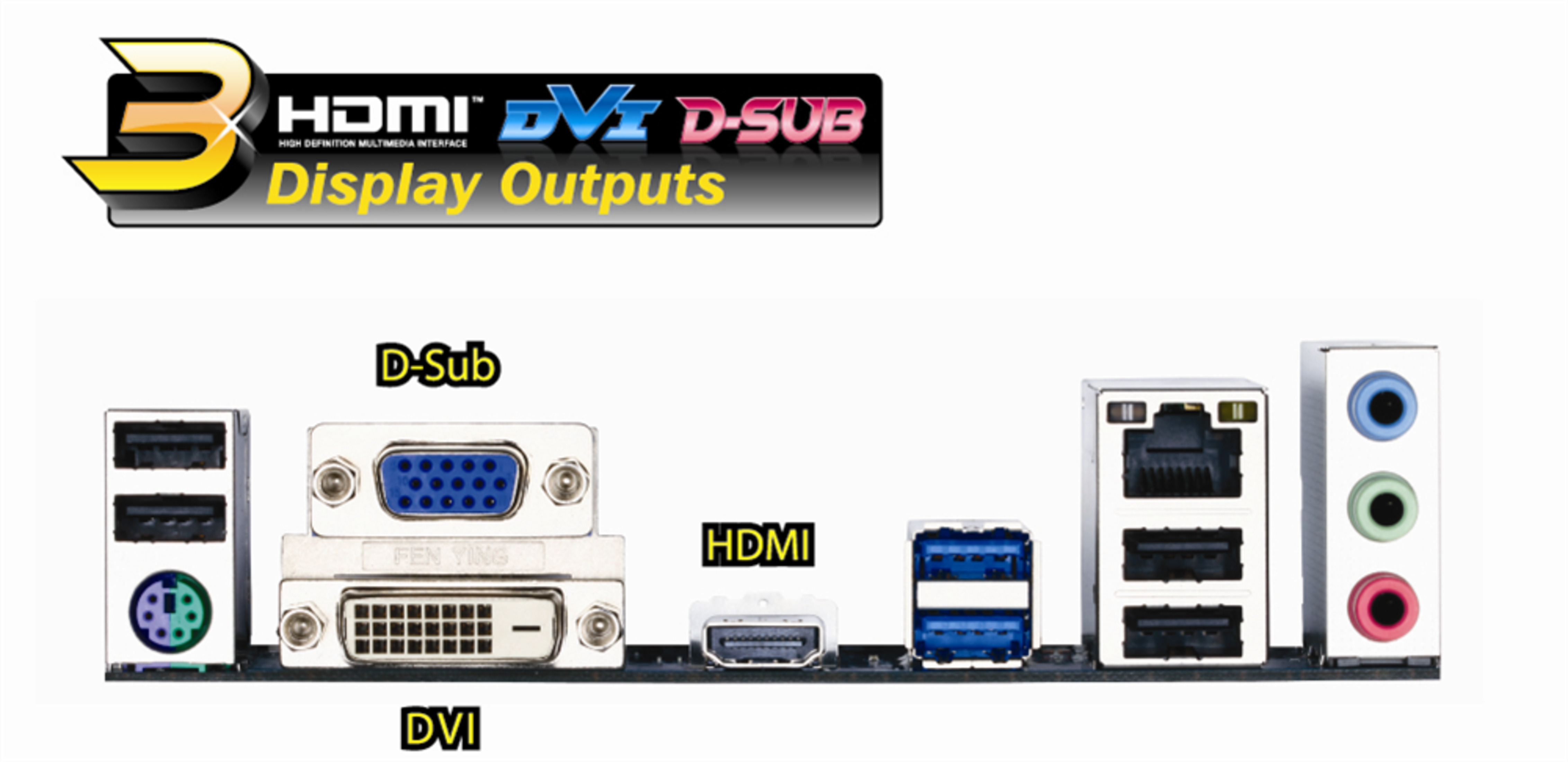 Pannello posteriore con porte HDMI, DVI, D-Sub, USB e audio.