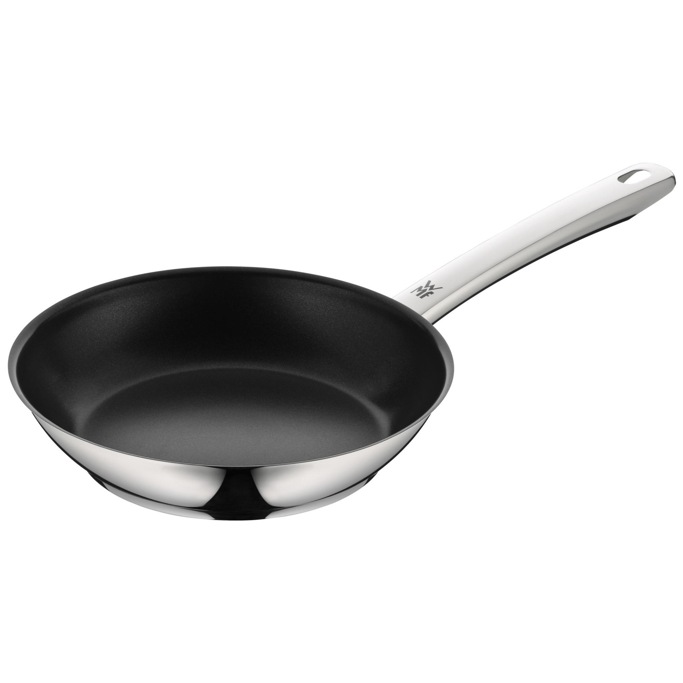 Eine silberne Bratpfanne mit schwarzer Beschichtung und langem Griff.