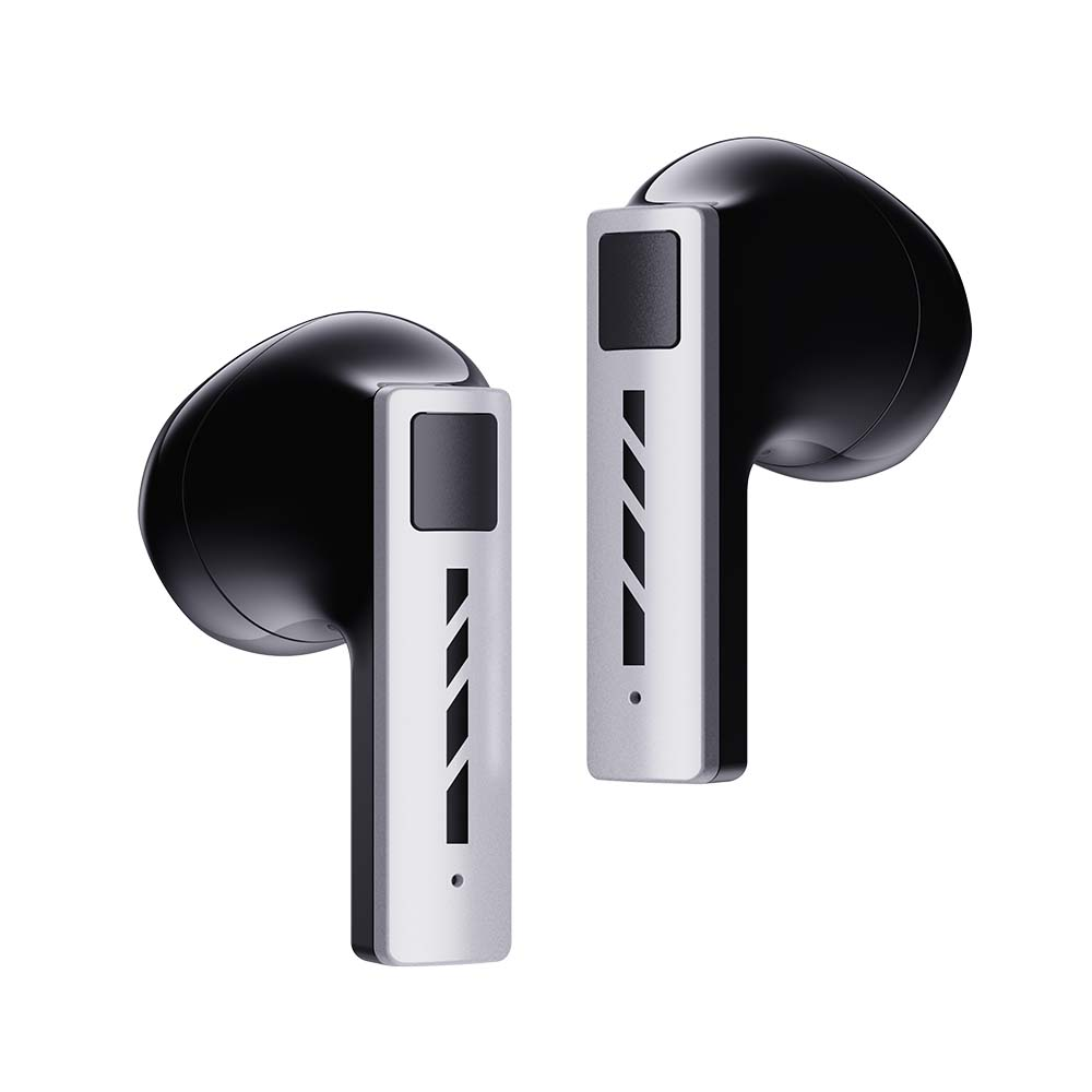 Auriculares inalámbricos negros con detalles plateados sobre fondo blanco.