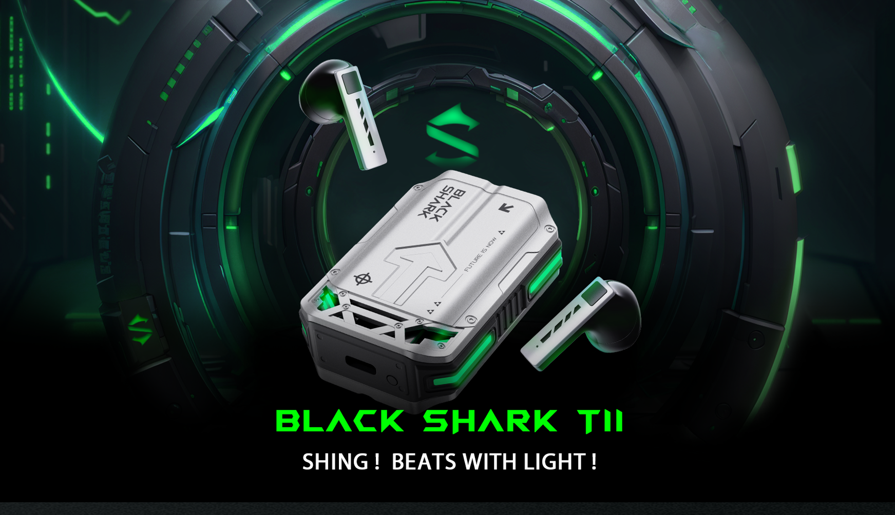 Auriculares TWS Black Shark con estuche de carga, diseño futurista, luces verdes.