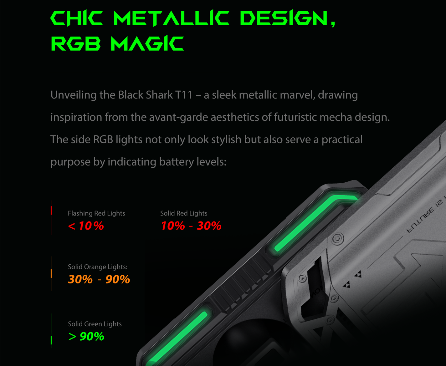 Black Shark T11: Diseño metálico con barras de luz RGB para indicar batería.