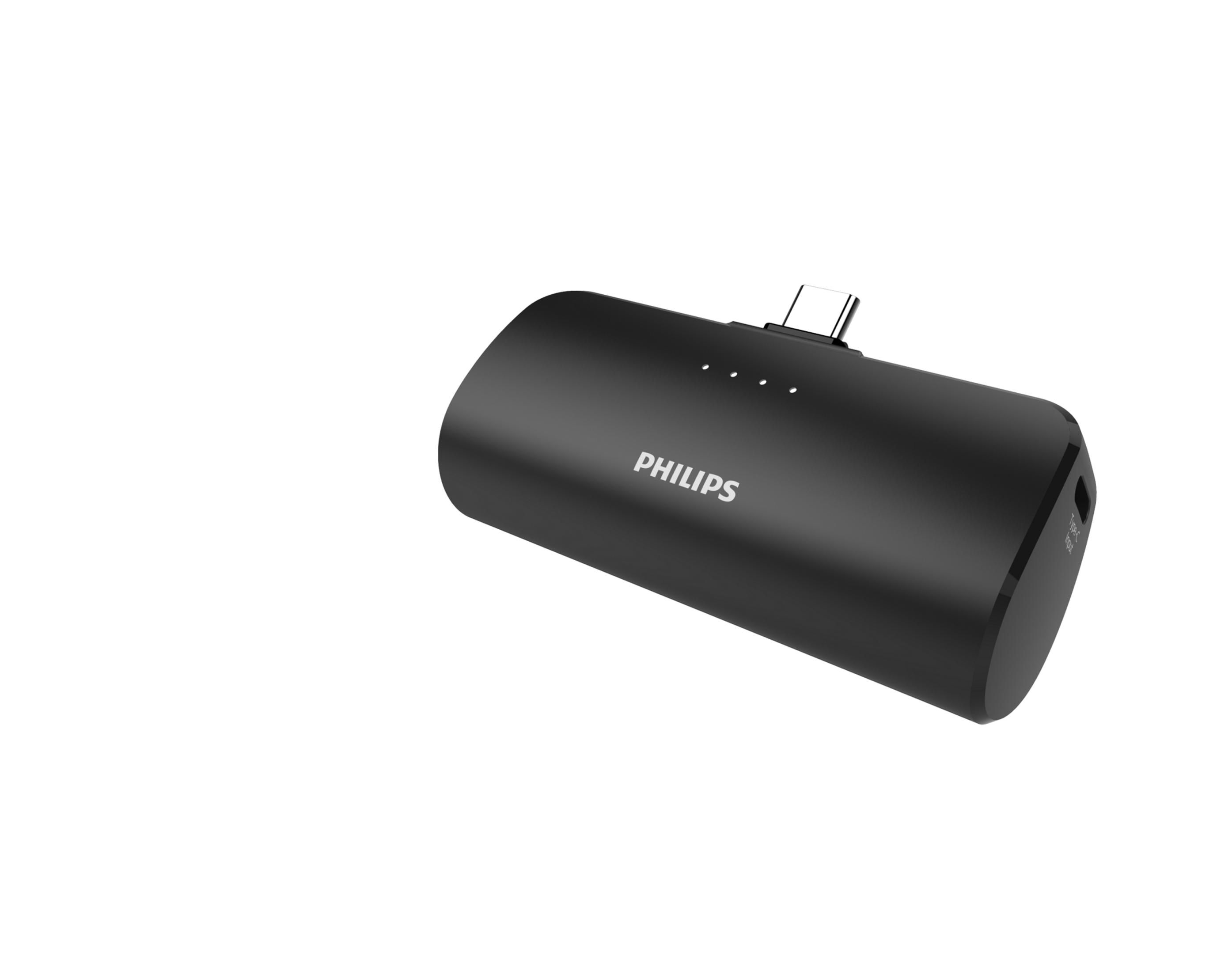 Adattatore di ricarica USB-C Philips nero cilindrico con quattro LED e porte.