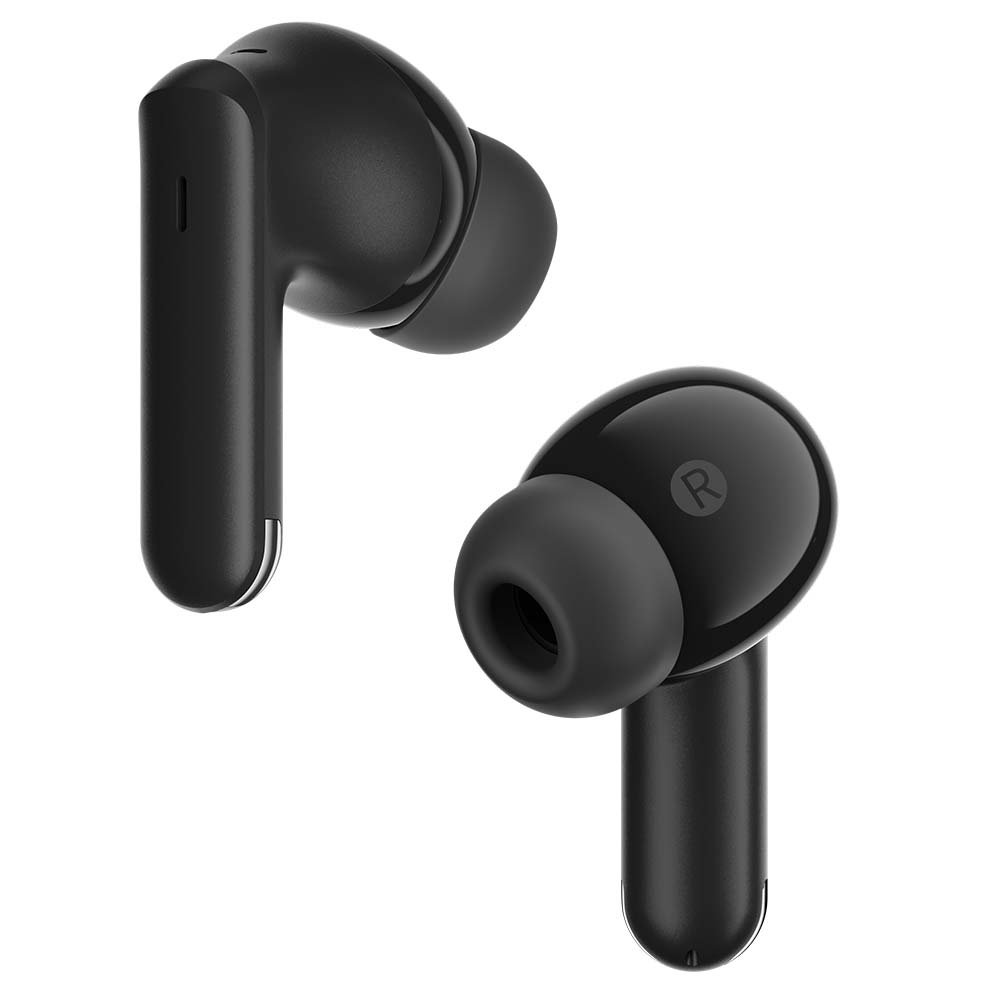 Dos auriculares inalámbricos negros con vástagos sobre fondo blanco.