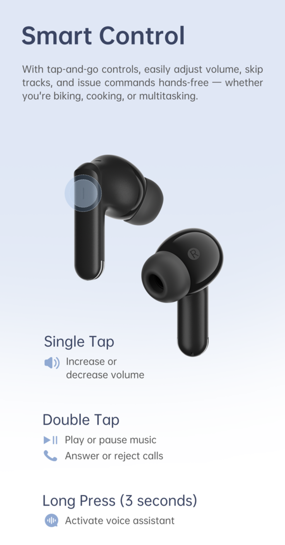 Auriculares inalámbricos negros con controles para volumen, música y llamadas.