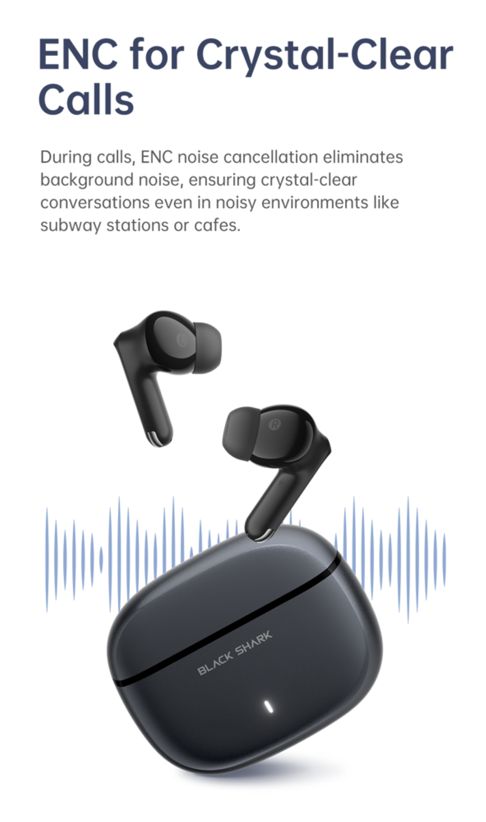 Auriculares inalámbricos negros y estuche de carga con gráfico de ondas sonoras.