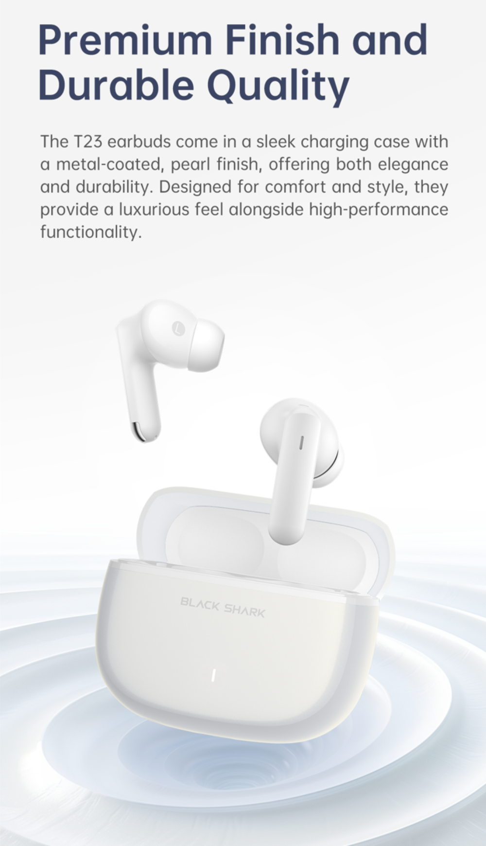 Auriculares inalámbricos blancos con estuche de carga, marca BLACK SHARK.
