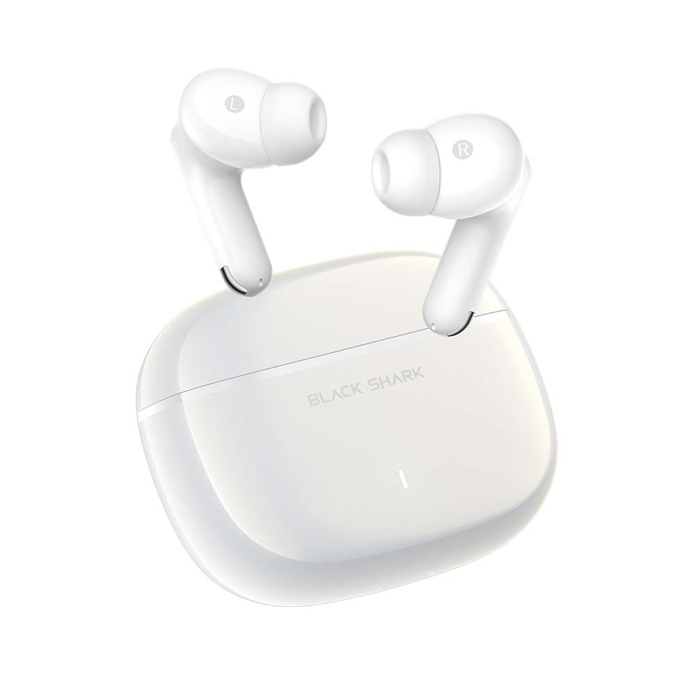 Auriculares inalámbricos blancos con estuche de carga, sobre fondo blanco.